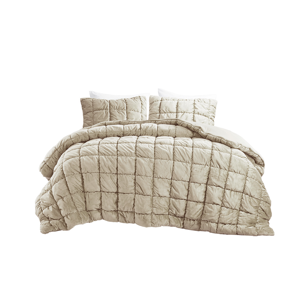 Olliix Intelligent Design Velvet Dream Puff Tan Full Queen 3pc Comforter Se...