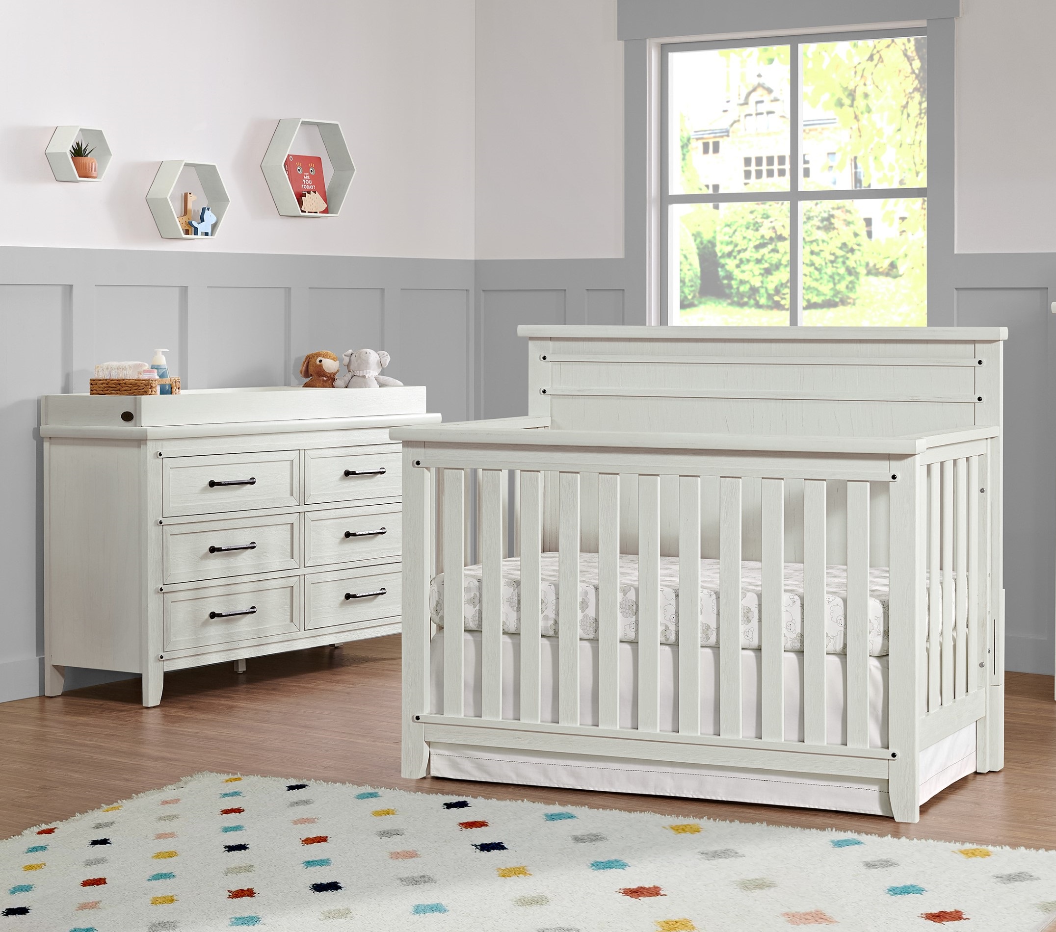 Oxford Soho Baby Ellison Rustic White 2pc Crib Set with Dresser Topper