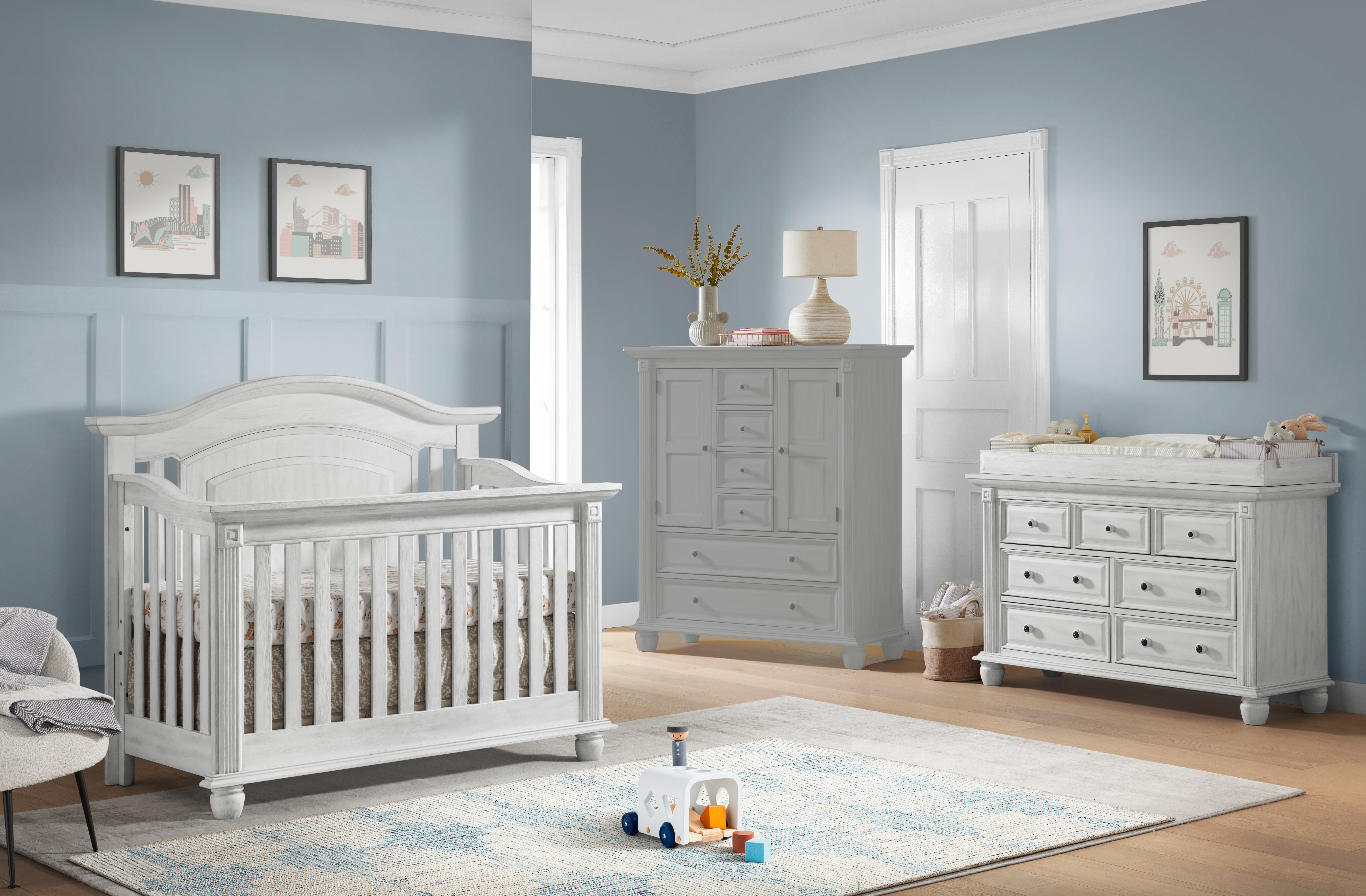Oxford Baby London Lane Vintage White 2pc Crib Set with Dresser Topper