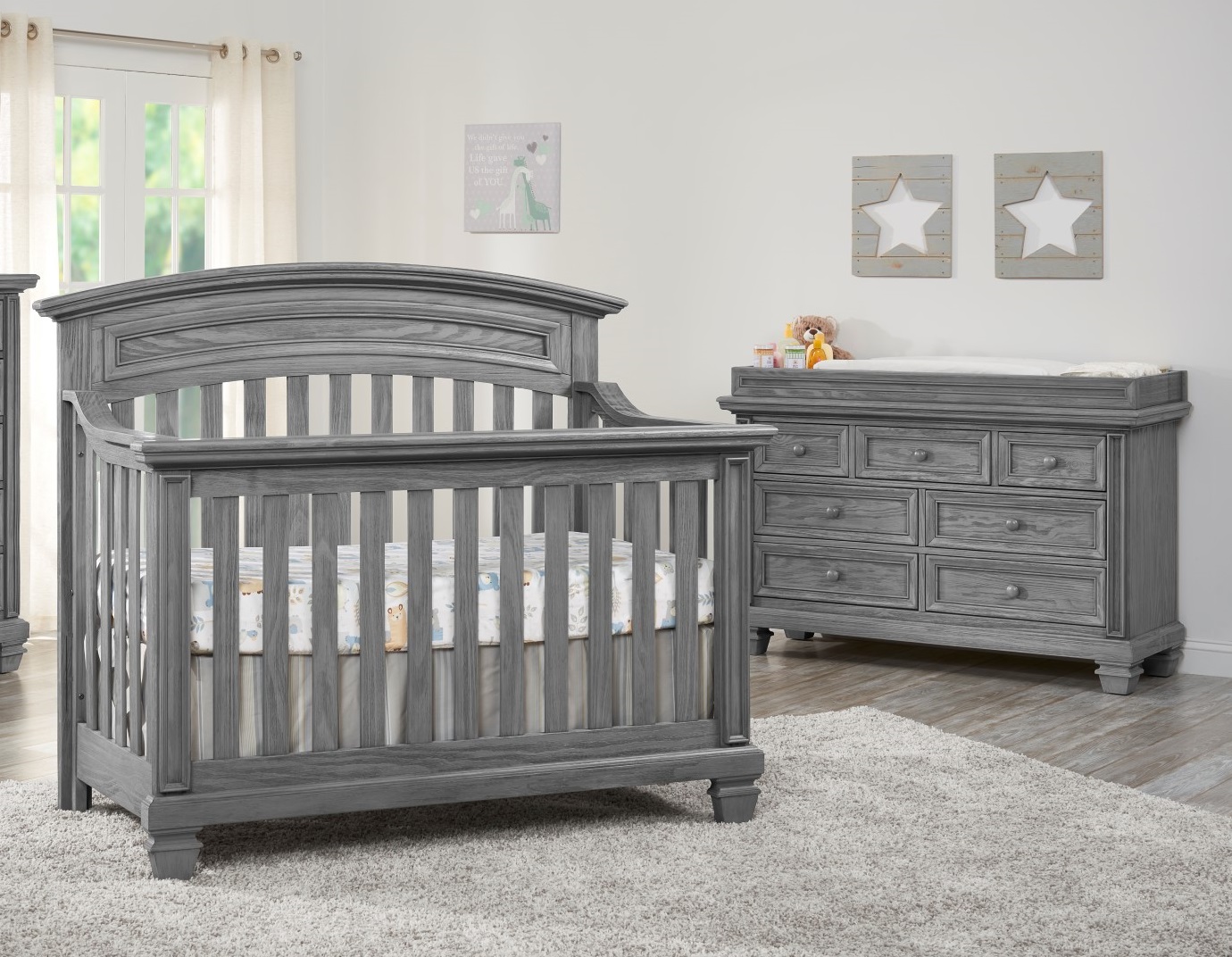 Oxford Soho Baby Richmond Brushed Gray 2pc Crib Set with Dresser Topper