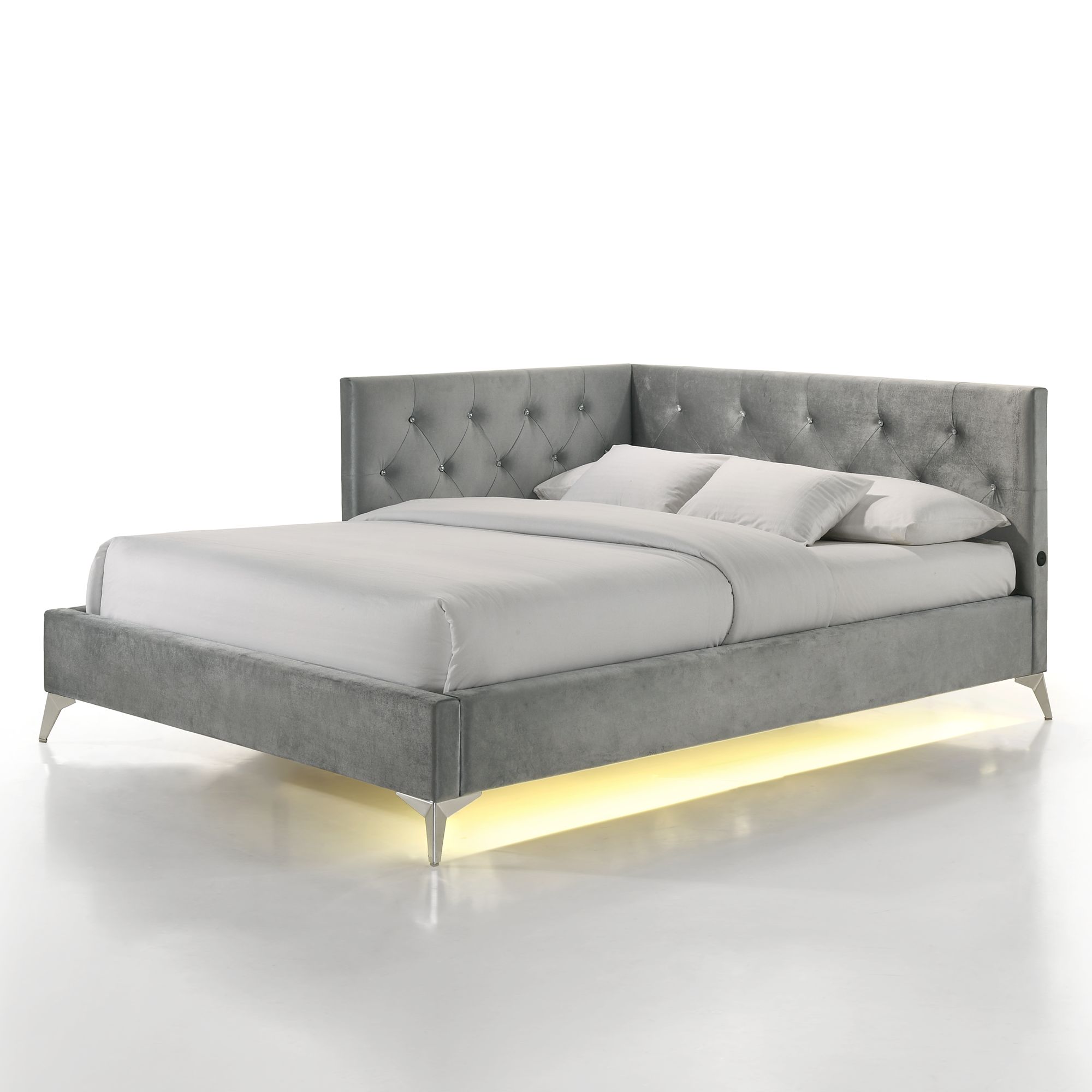 Picket House Juniper Grey Full Upholstered Corner Bed with LED and USB