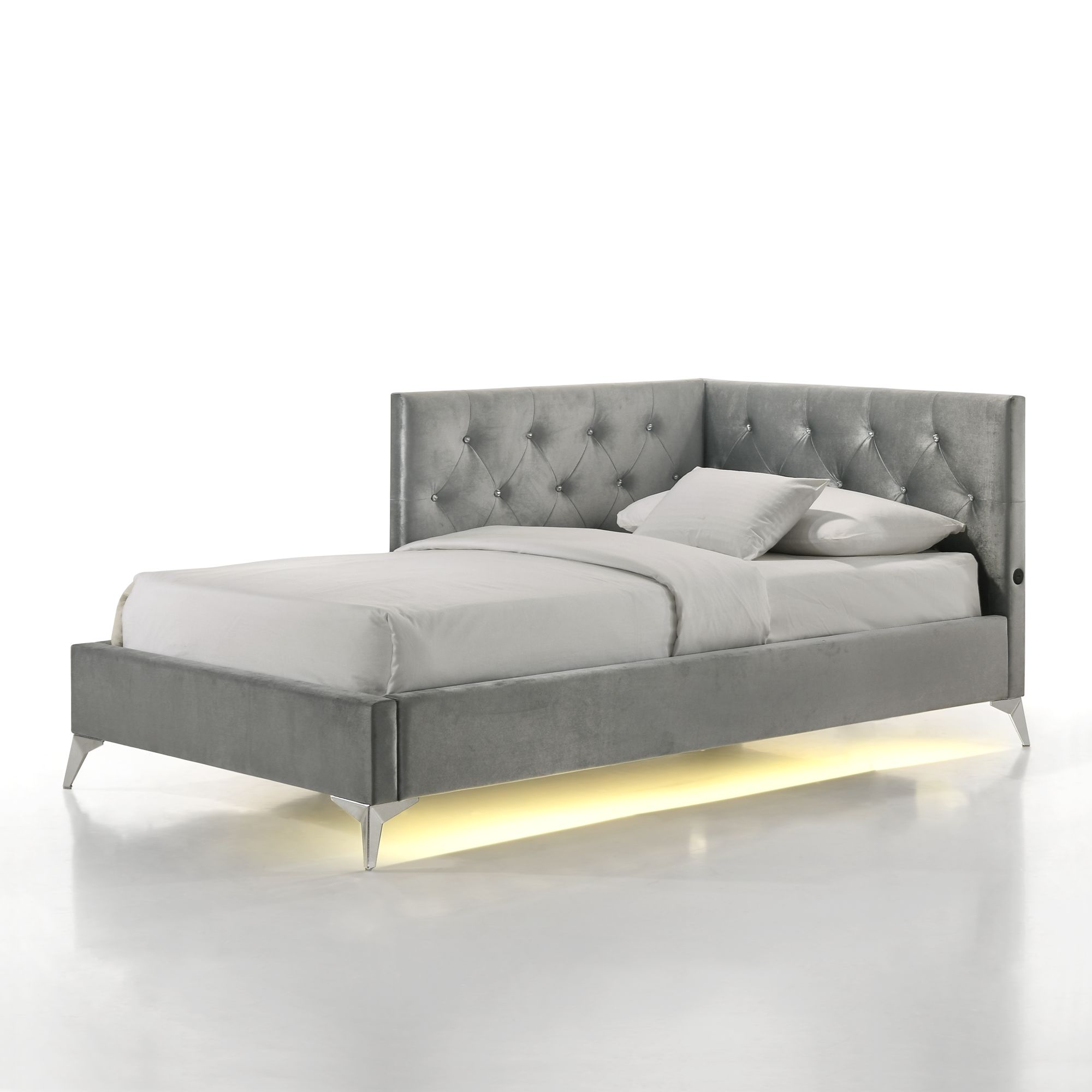 Picket House Juniper Grey Twin Upholstered Corner Bed with LED and USB