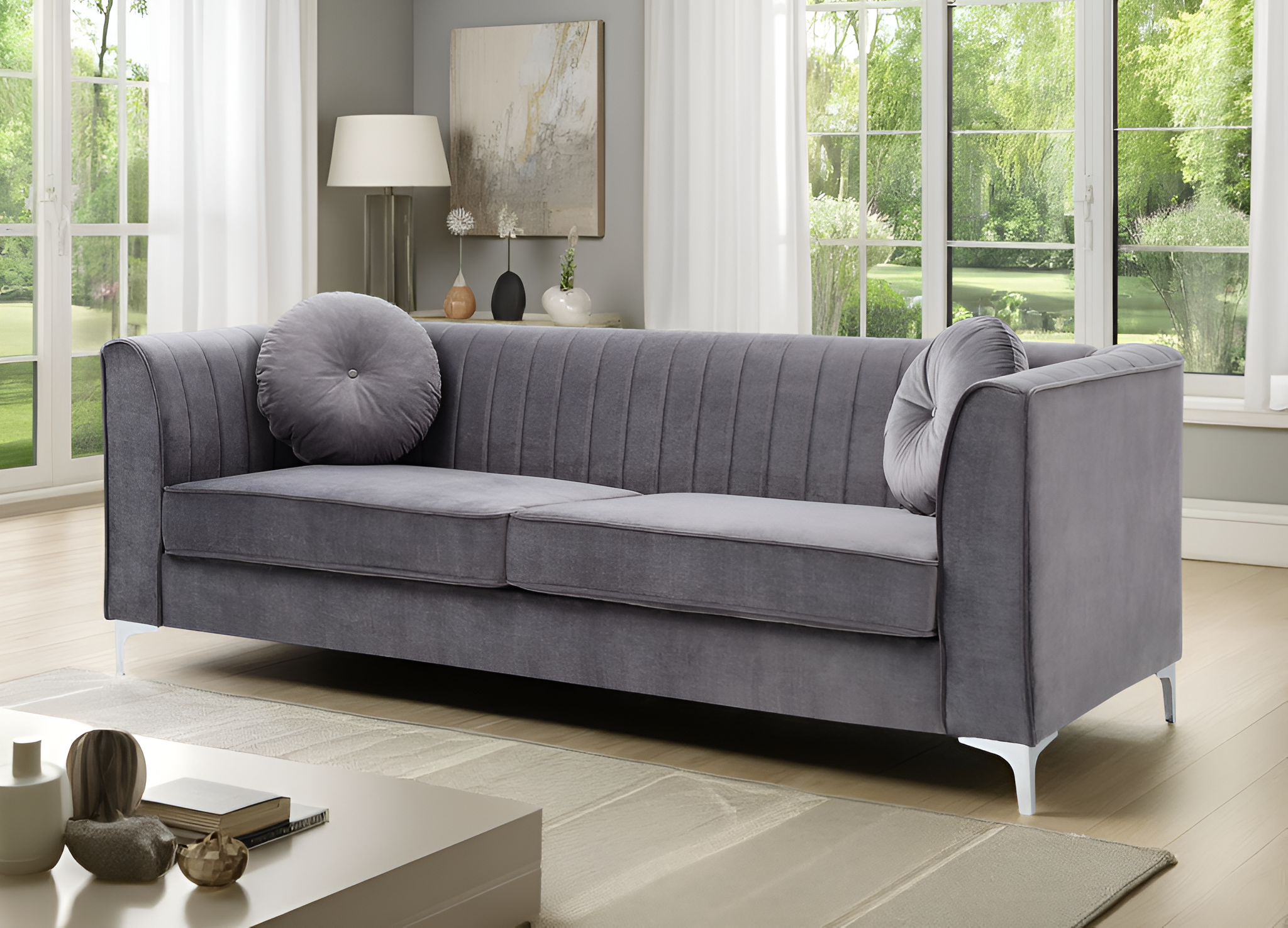 Elite Space Living Tetouan Gray Velvet Microsuede Sofa