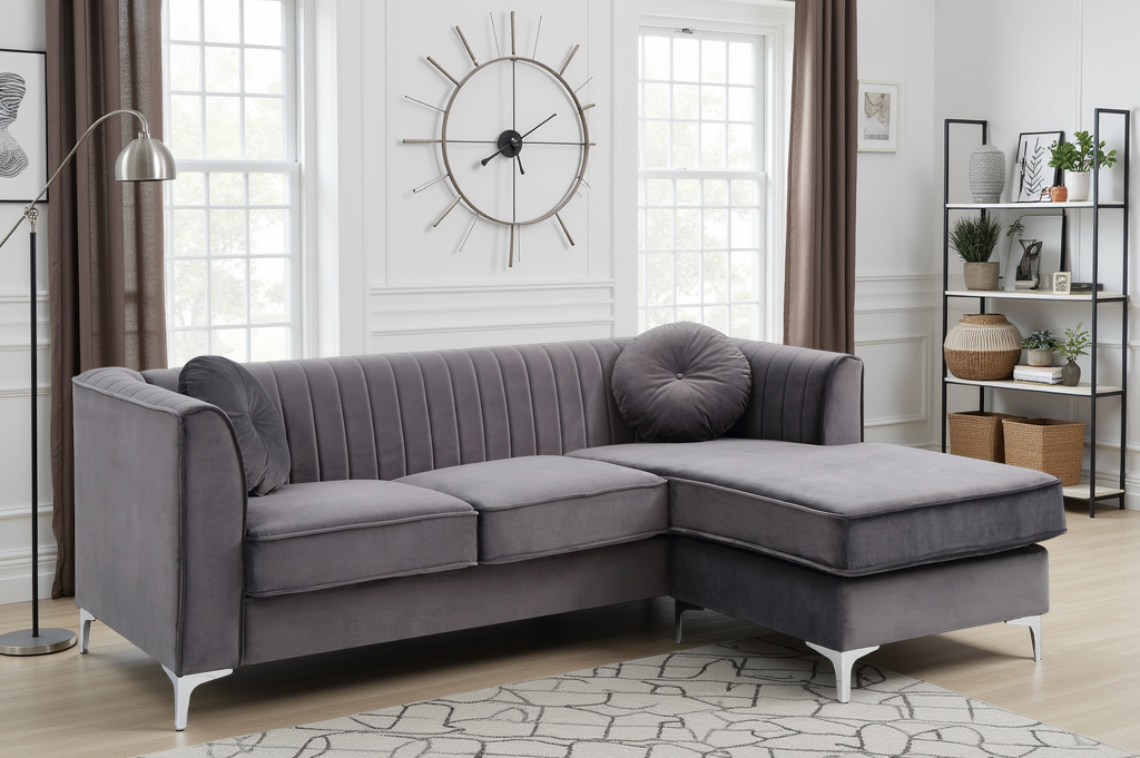 Elite Space Living Tetouan Gray Velvet Microsuede Sofa Chaise
