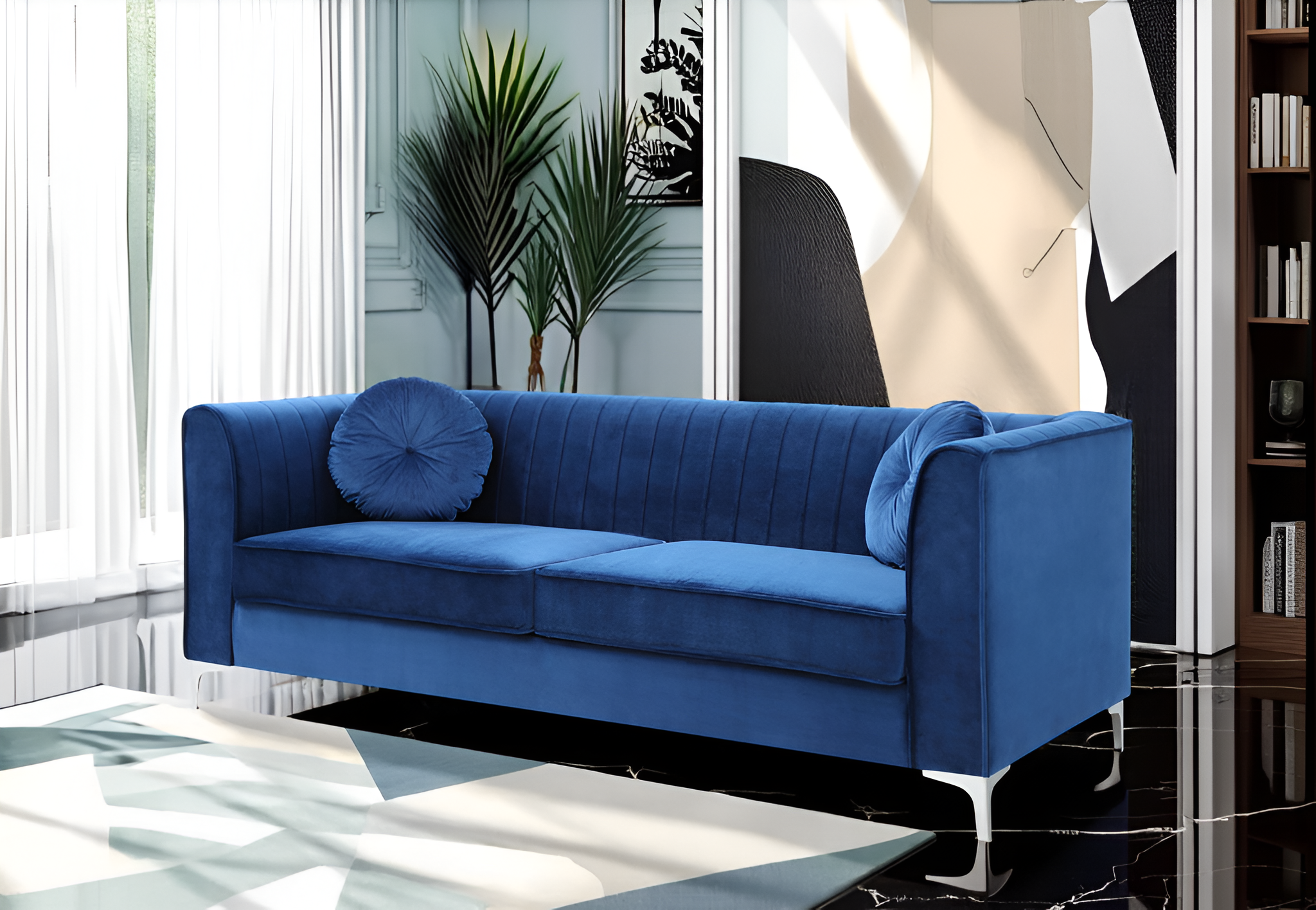 Elite Space Living Tetouan Navy Blue Velvet Microsuede Sofa