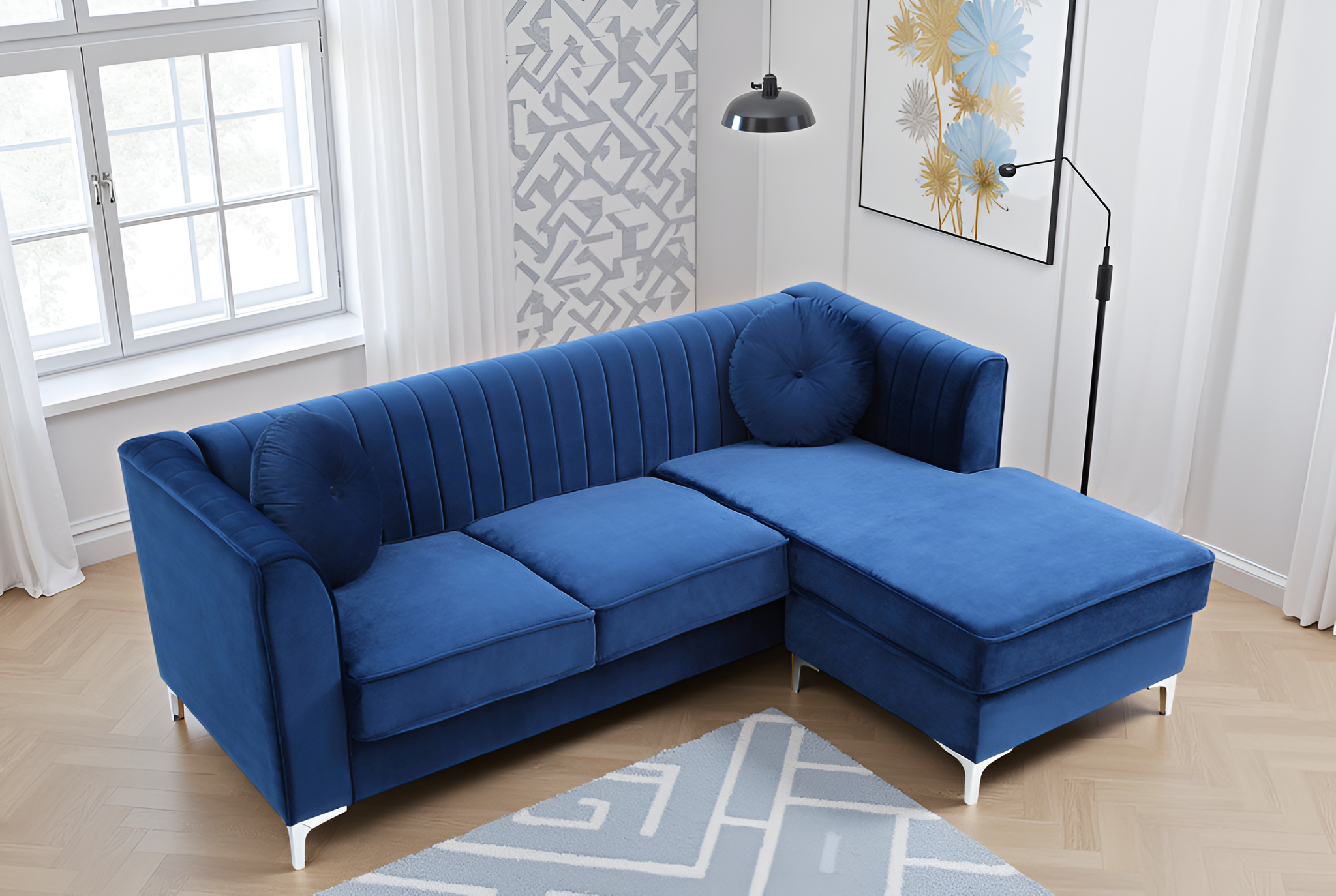 Elite Space Living Tetouan Navy Blue Velvet Microsuede Sofa Chaise