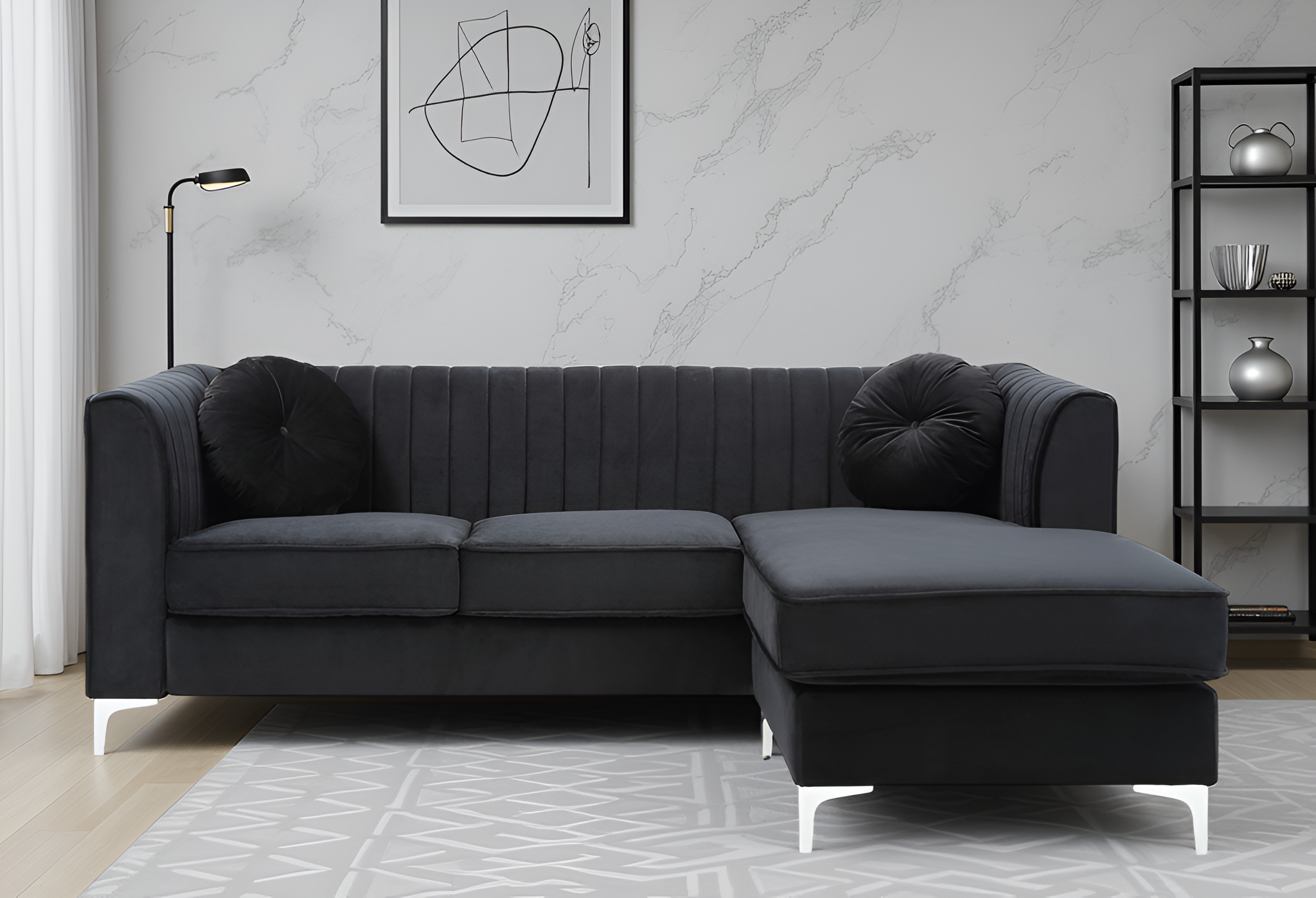 Elite Space Living Tetouan Black Velvet Microsuede Sofa Chaise