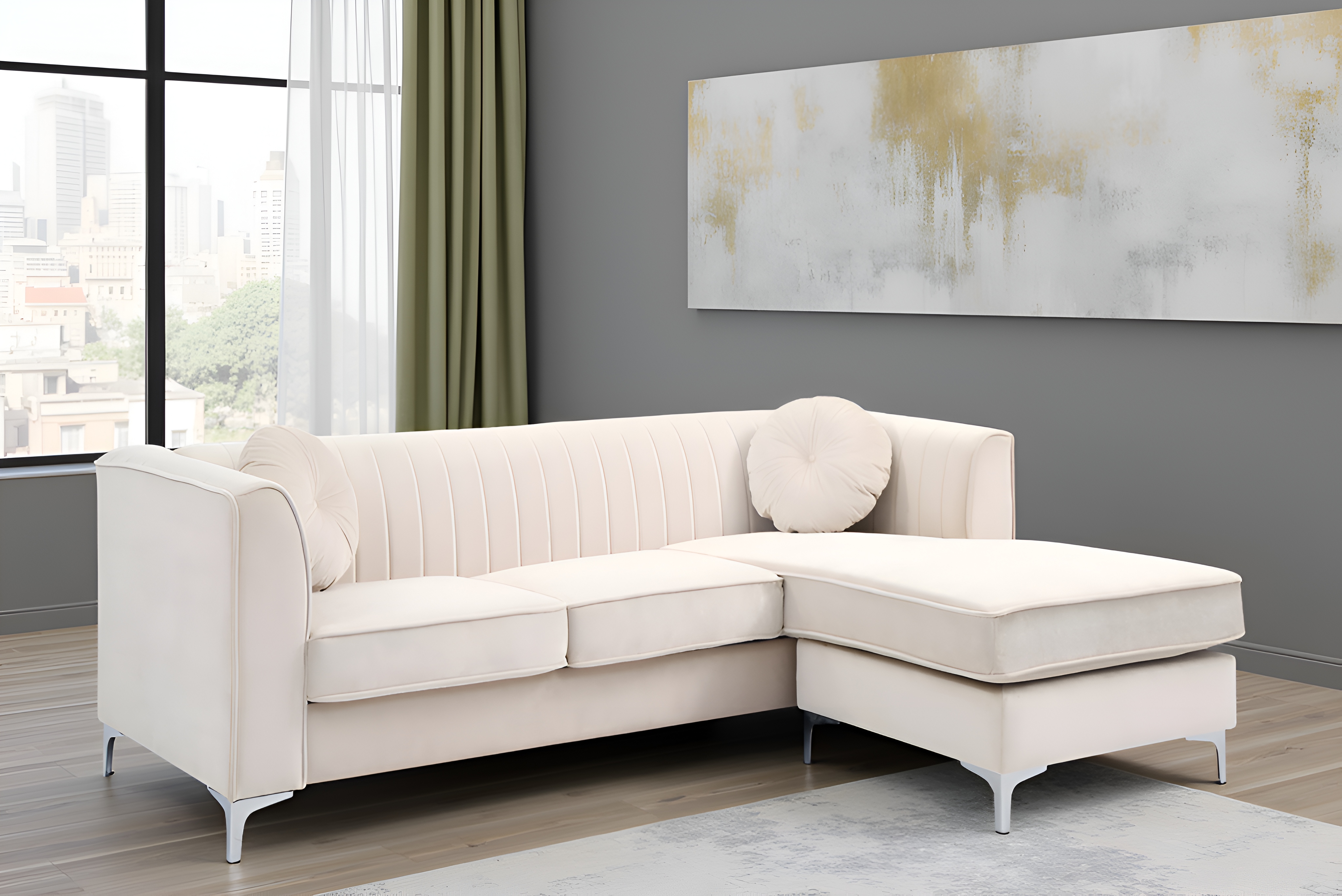 Elite Space Living Tetouan Ivory Velvet Microsuede Sofa Chaise
