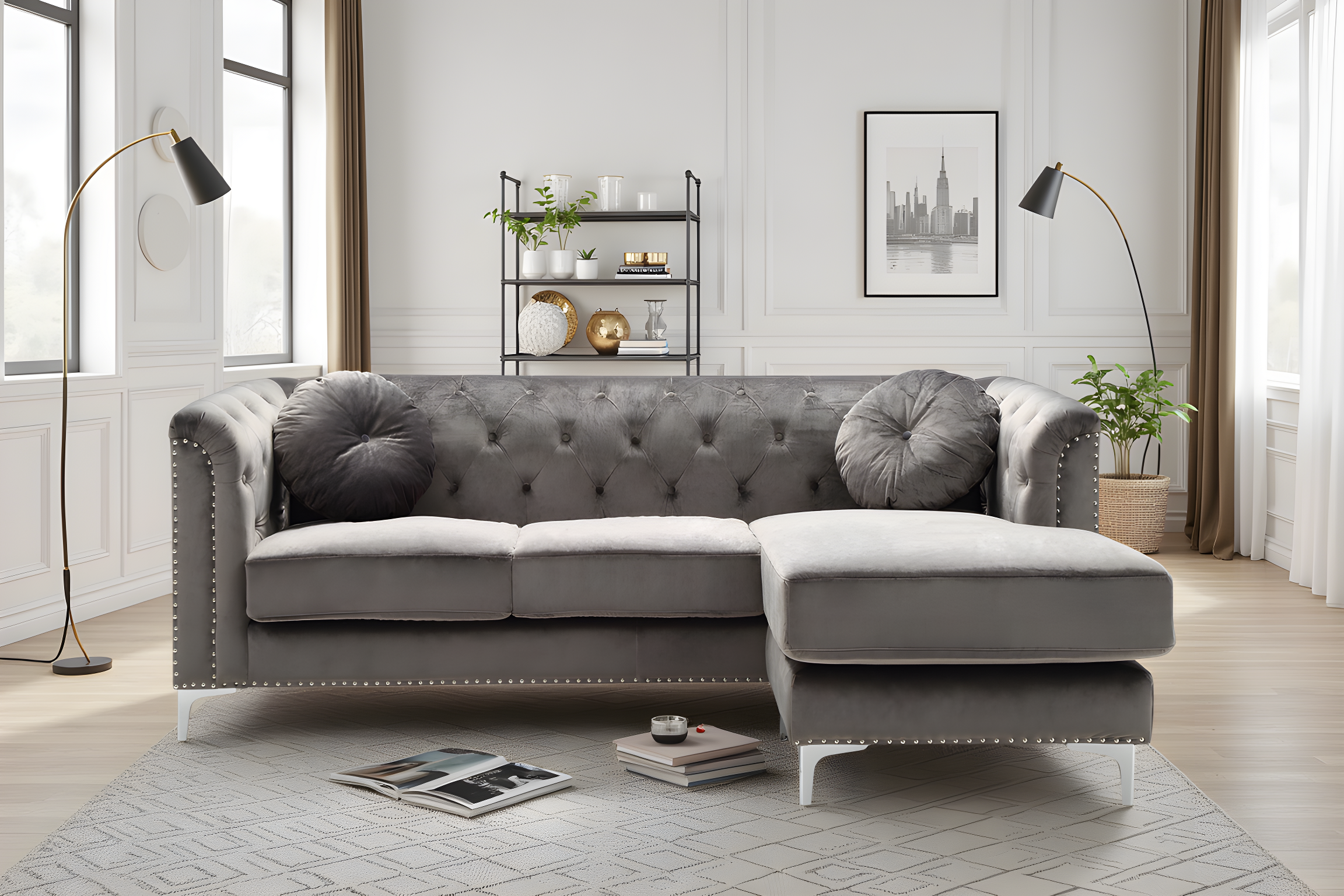 Elite Space Living Colmar Dark Gray Velvet Sofa Chaise