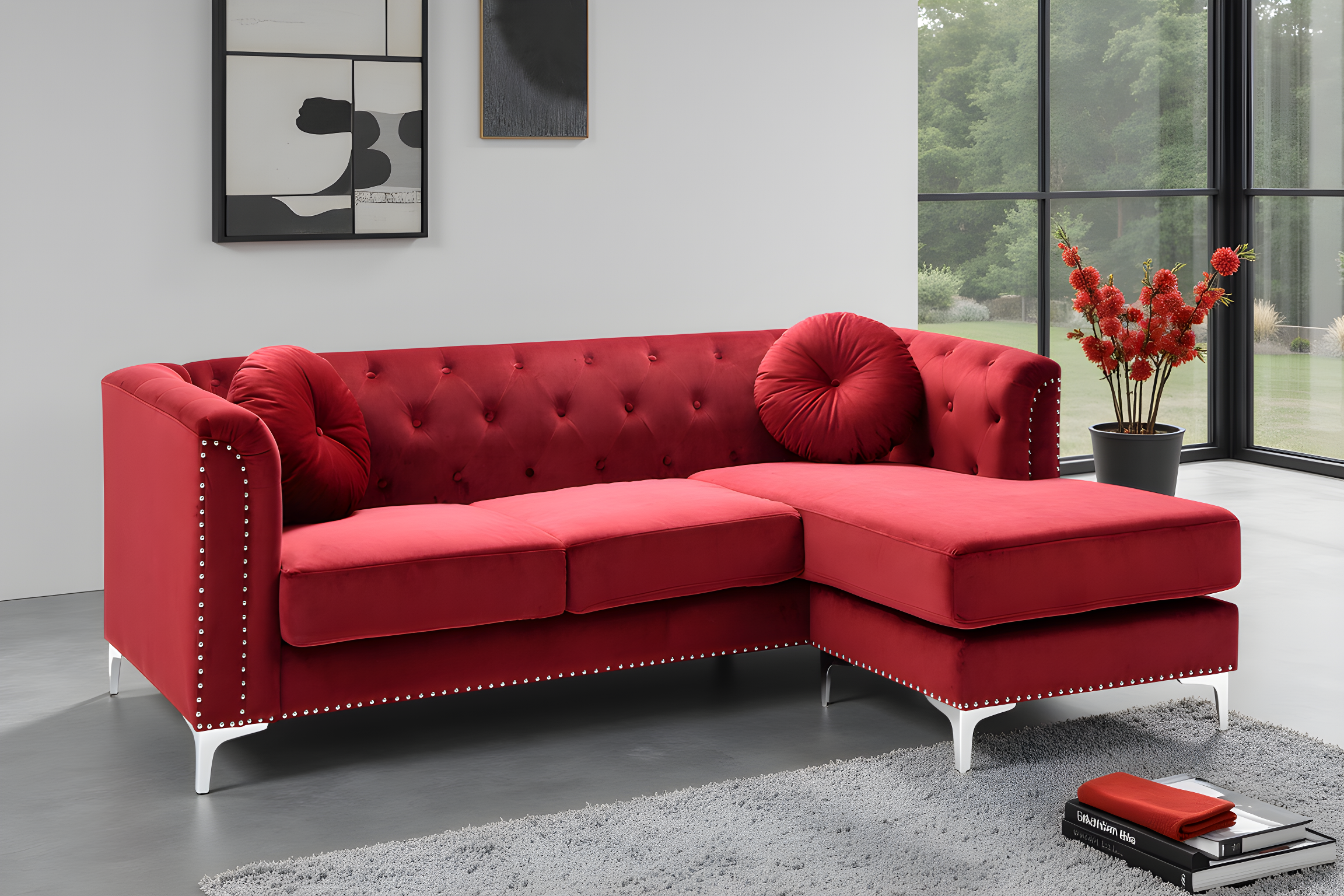 Elite Space Living Colmar Burgundy Velvet Sofa Chaise