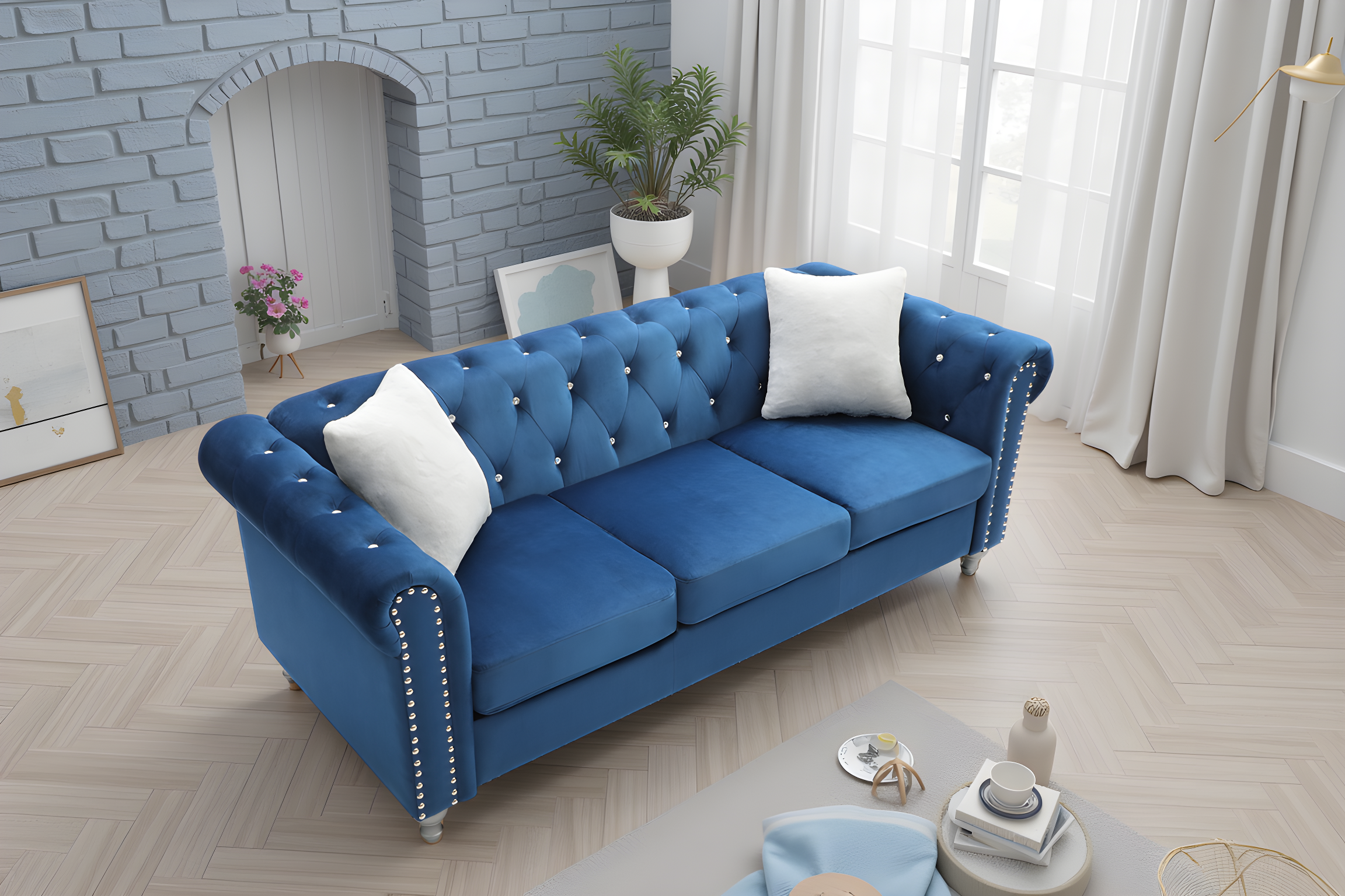 Elite Space Living Nantes Navy Blue Velvet Sofa