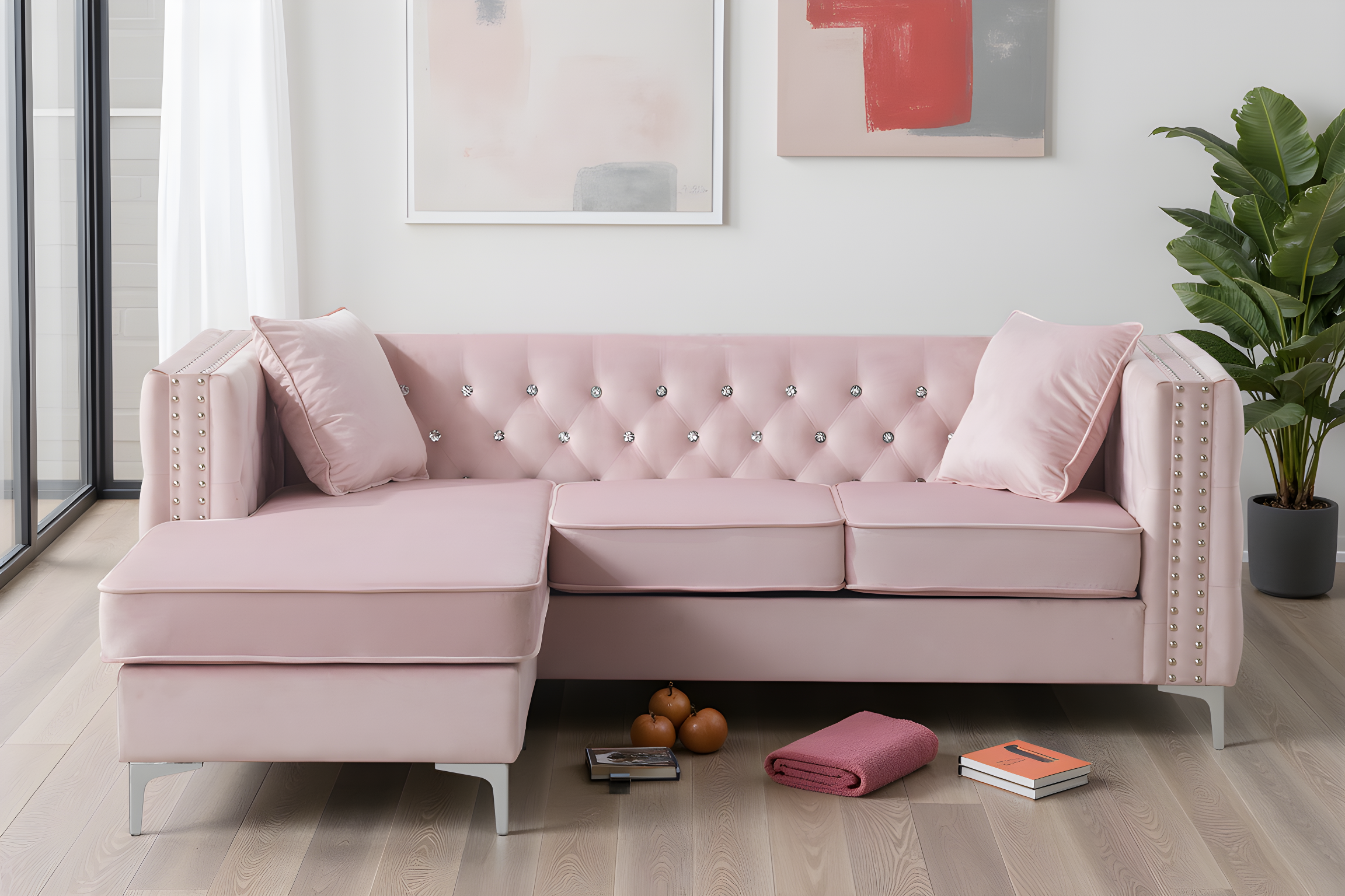 Elite Space Living Lyon Pink Velvet Sofa Chaise