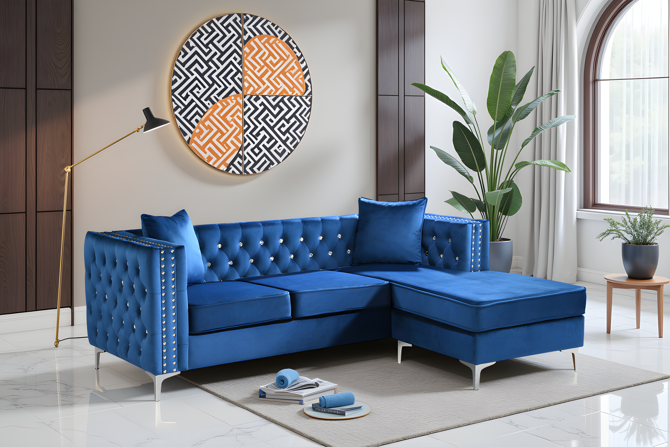 Elite Space Living Lyon Blue Velvet Sofa Chaise