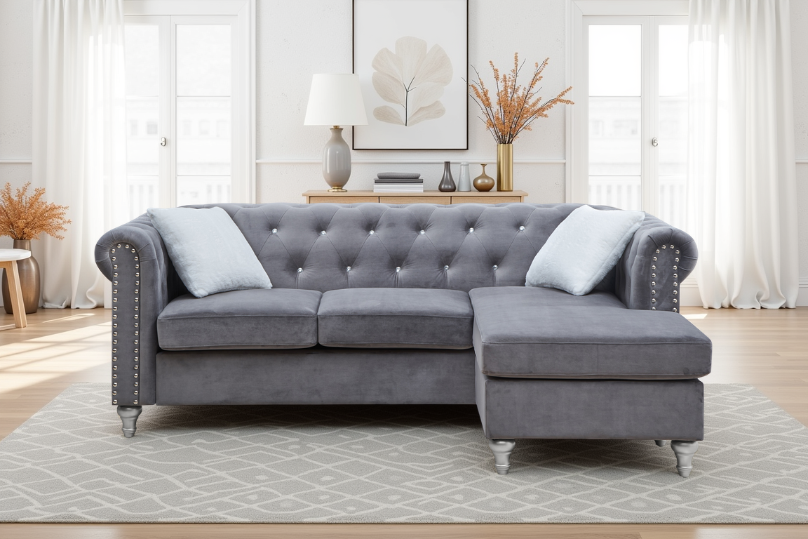 Elite Space Living Nantes Gray Velvet Sofa Chaise