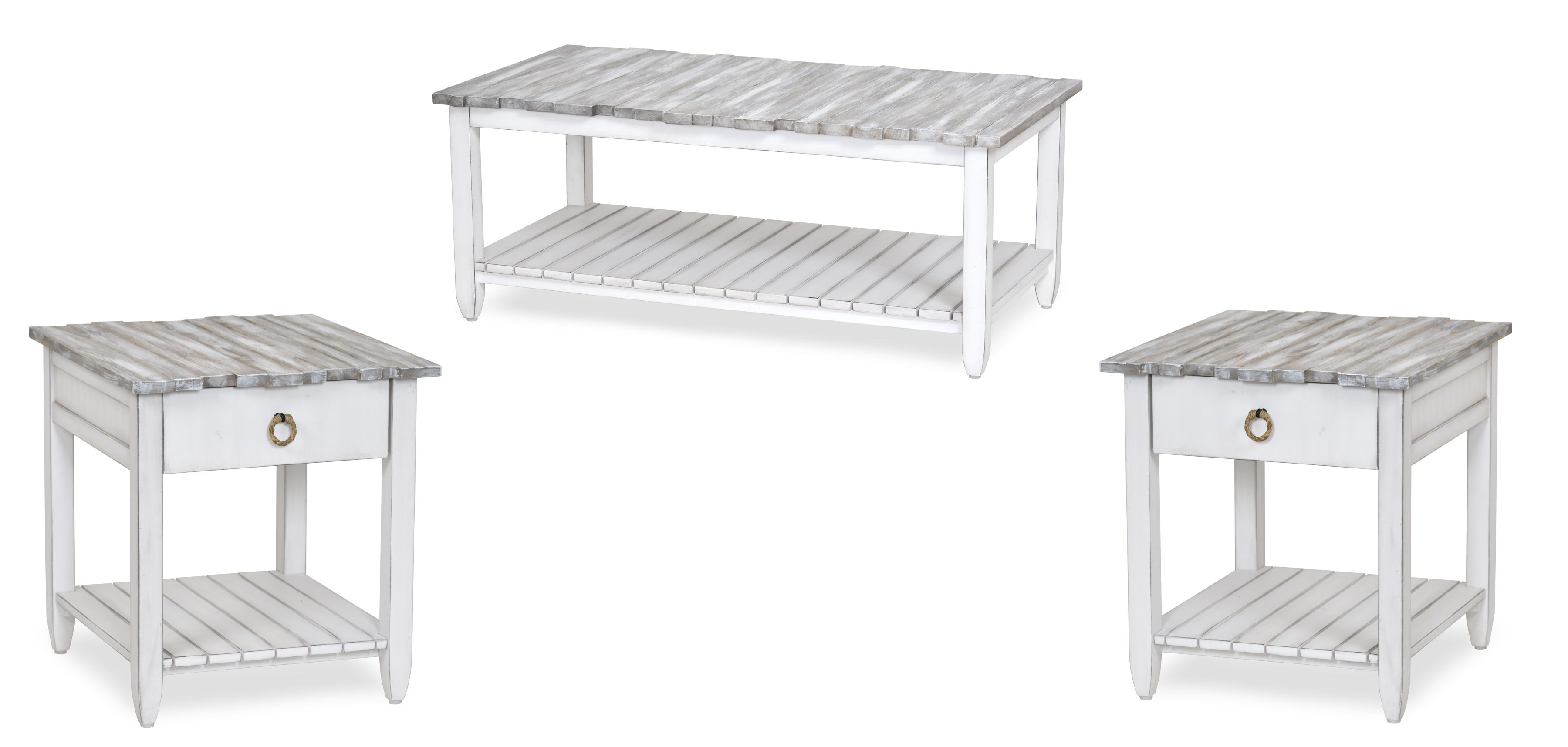 Sea Winds Picket Fence Gray White 3pc Coffee Table Set