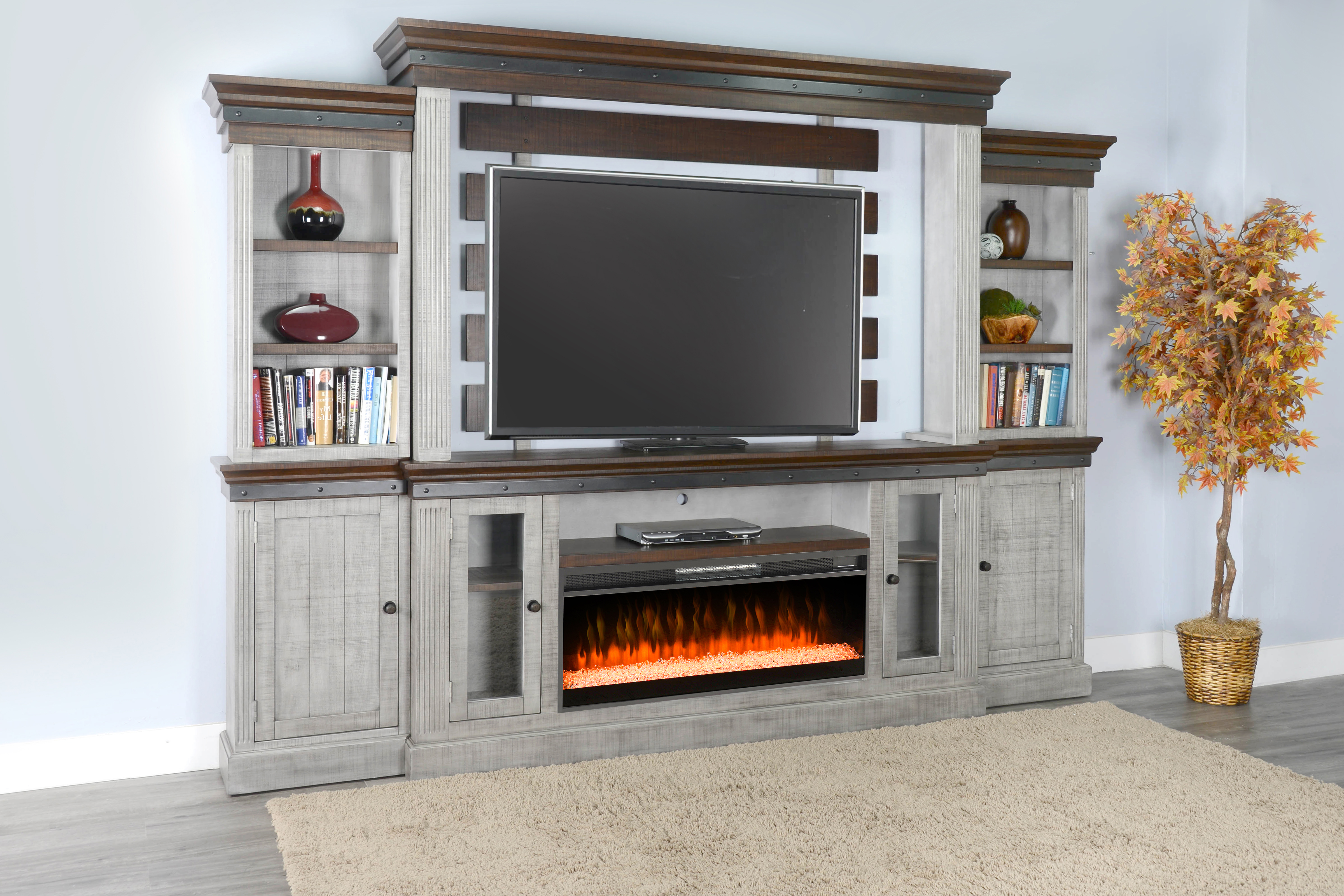 Purity Craft Tobacco Grey 128 Inch Entertainment Wall with Crystal Electric...