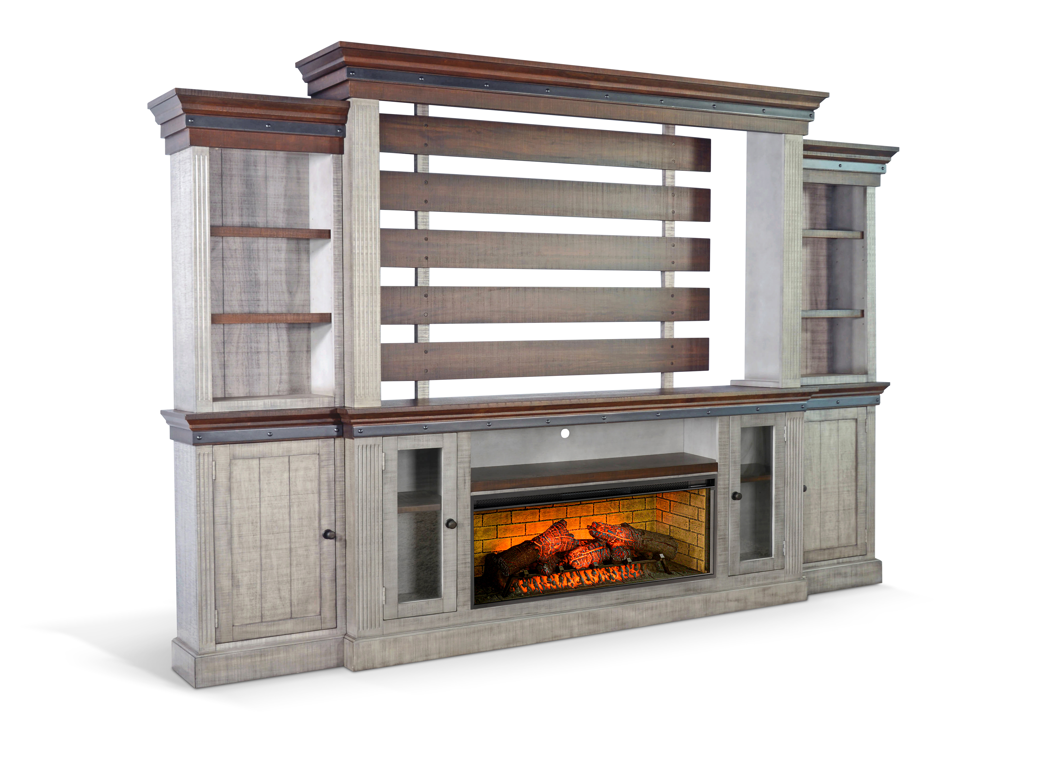 Purity Craft Tobacco Grey 128 Inch Entertainment Wall with Electric Firepla...