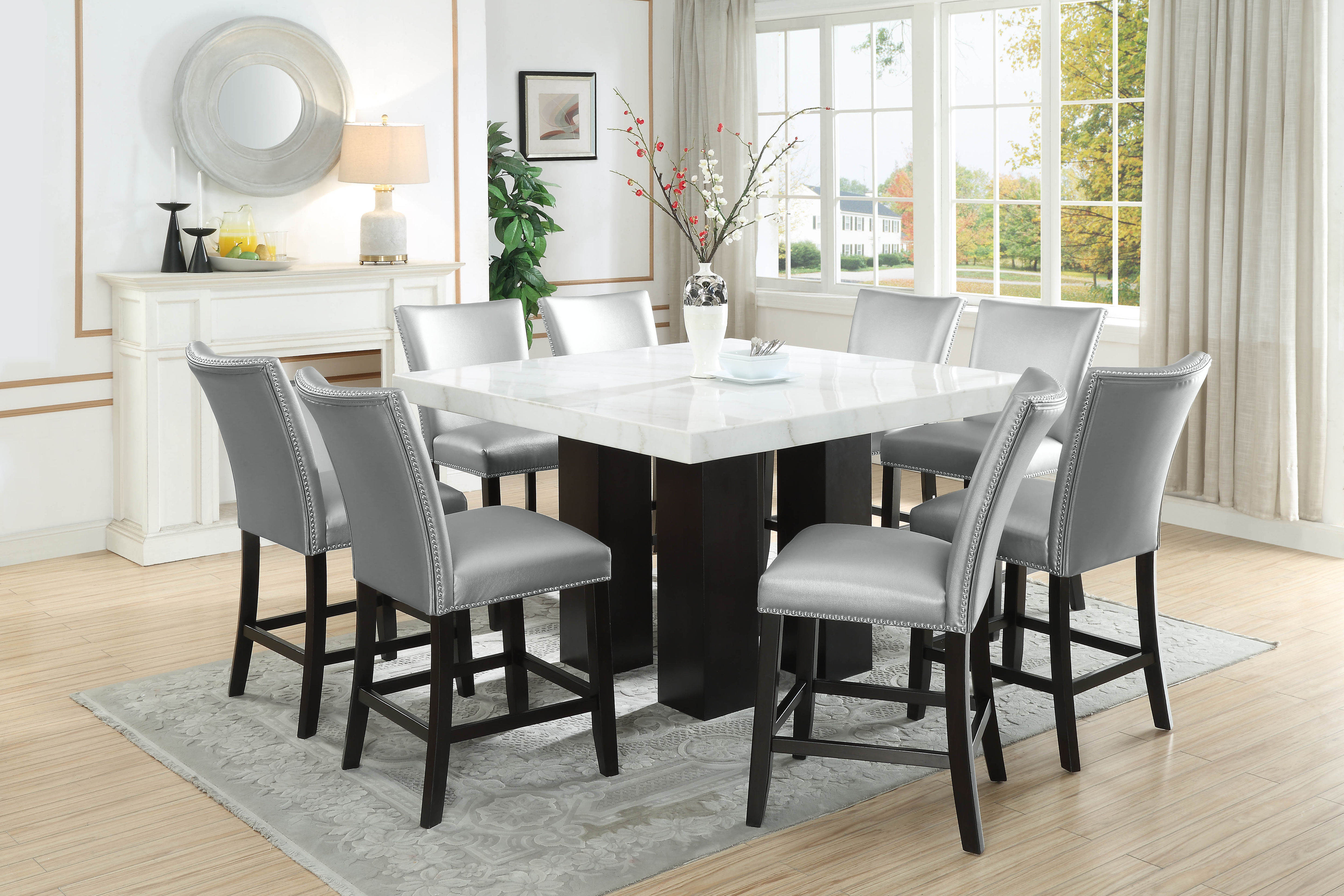 Steve Silver Camila White Silver 9pc Counter Height Set
