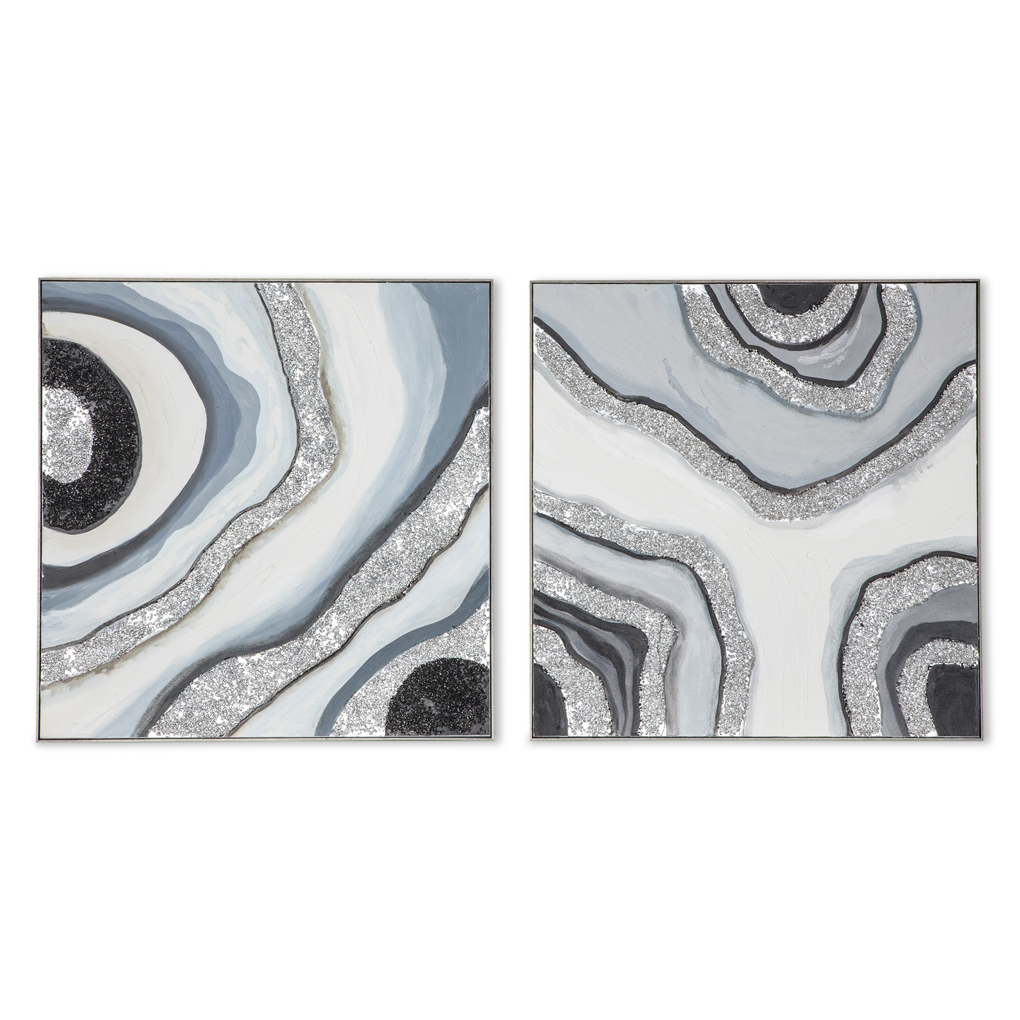 World Interiors Motif Blue Silver Black 2pc Gemstone Grace Hand Painted Fra...