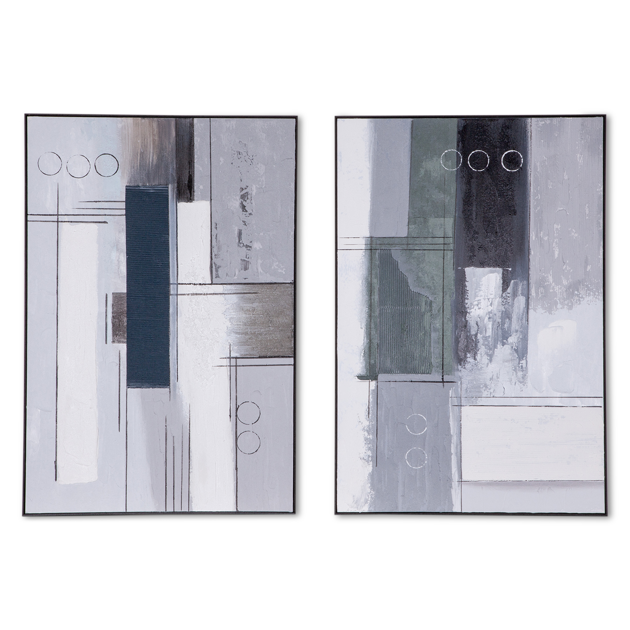 World Interiors Motif Blue Gray White 2pc Parallel Horizons Hand Painted Fr...