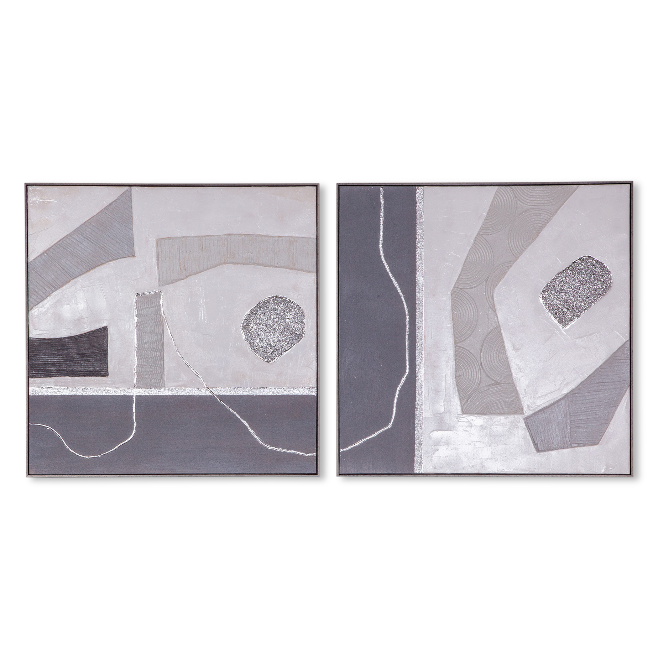 World Interiors Motif Gray Silver White 2pc Urban Essence Hand Painted Fram...