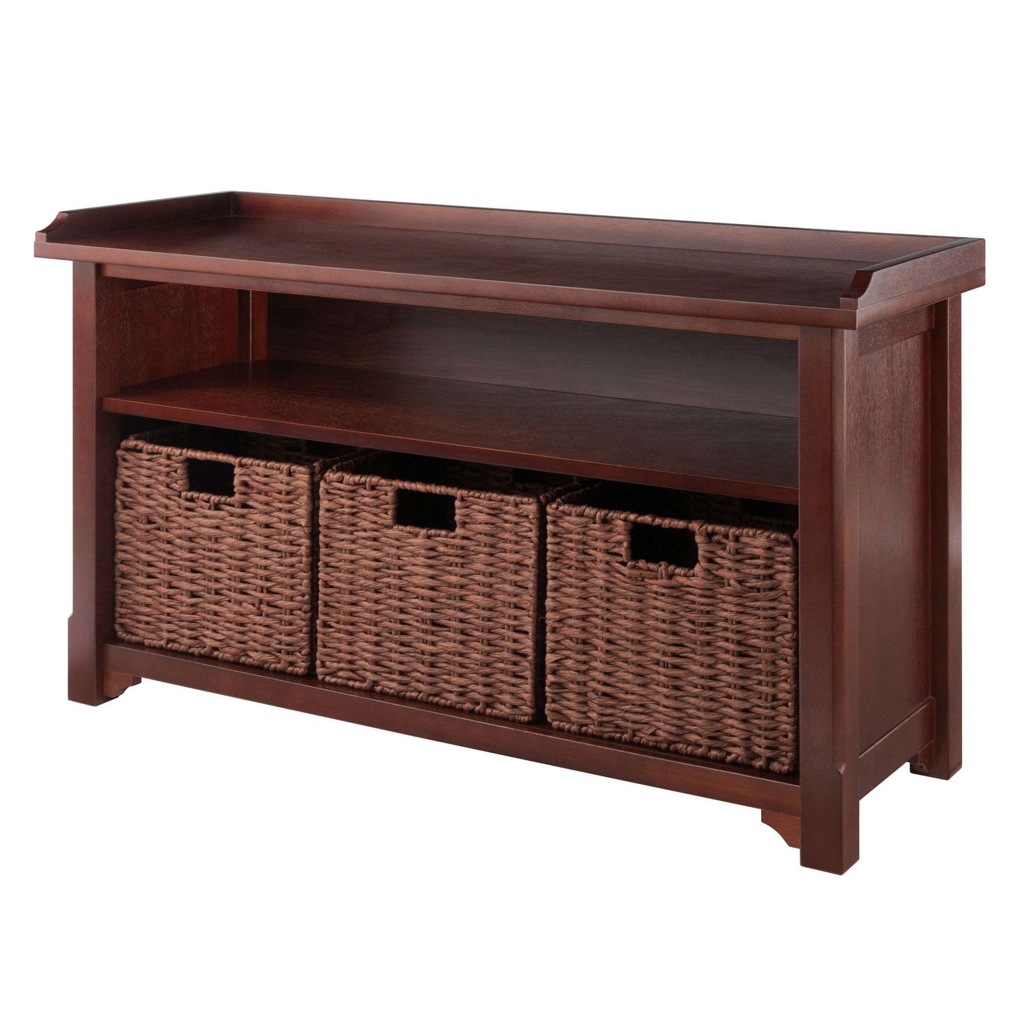 Winsome Milan Walnut 4pc Storage Bench with Foldable Woven Baskets