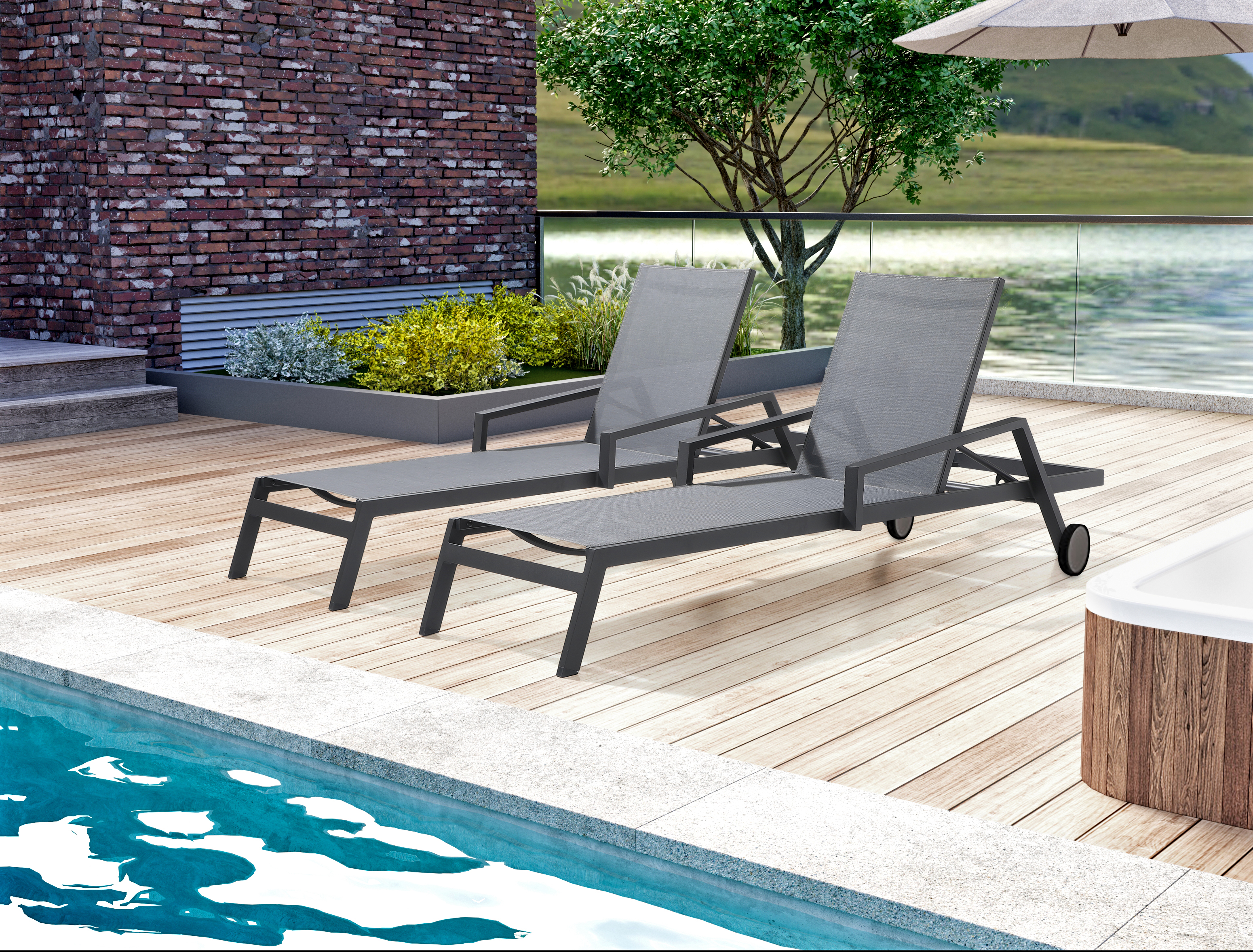 2 Whiteline Bondi Grey Outdoor Chaise Lounges