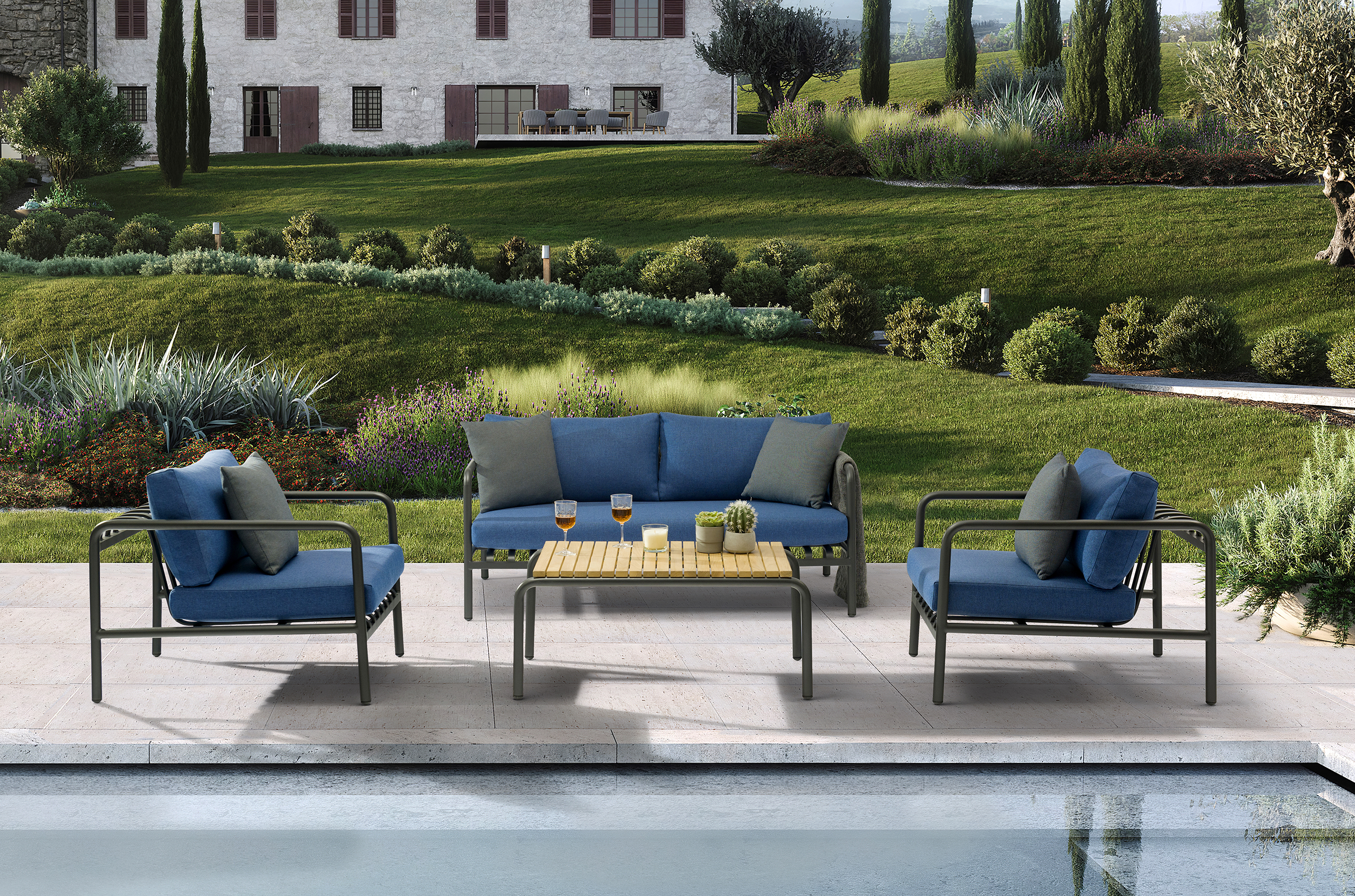Whiteline Andrea Blue 4pc Outdoor Seating Set