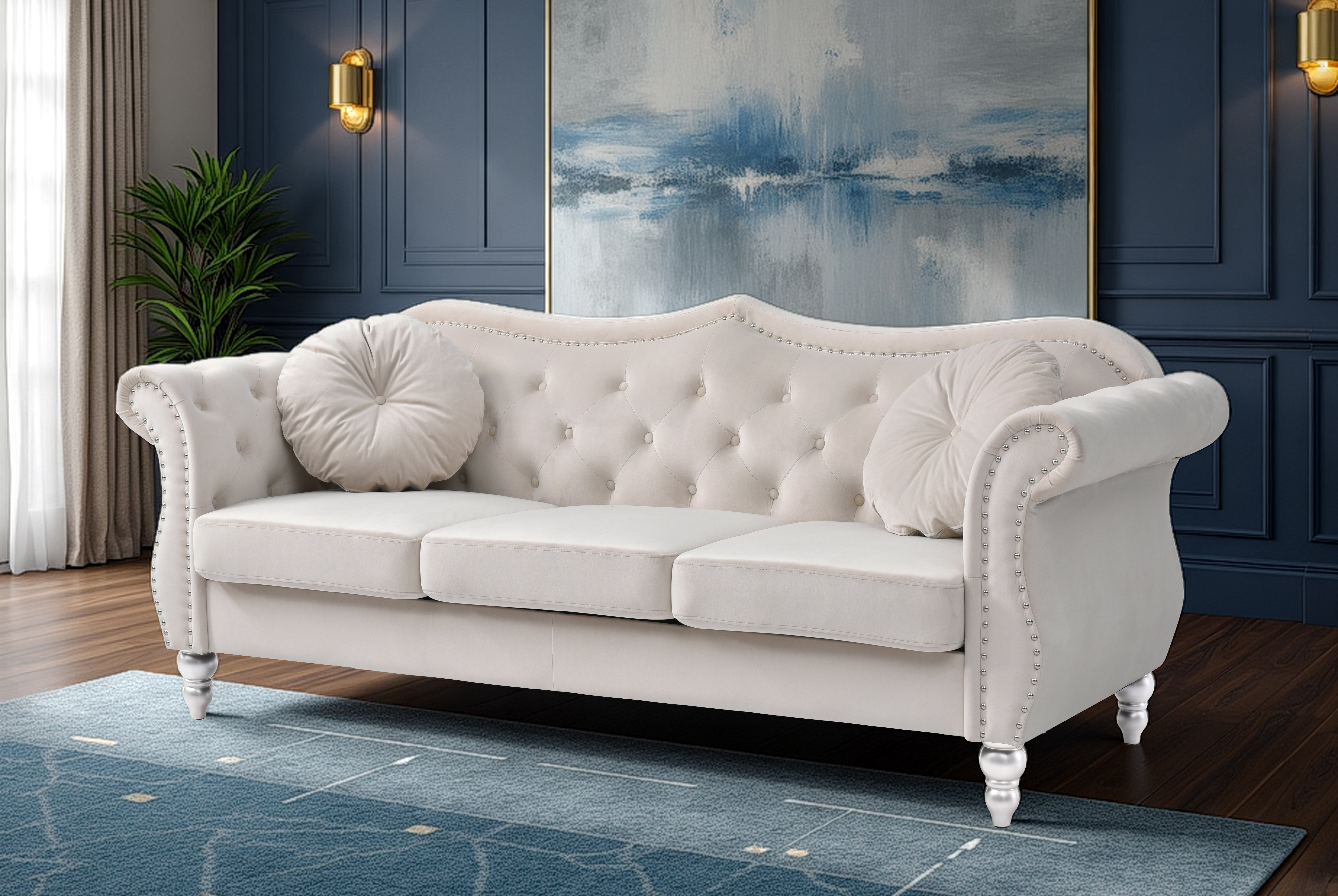 Elite Space Living Geneva Ivory Velvet Fabric Sofa