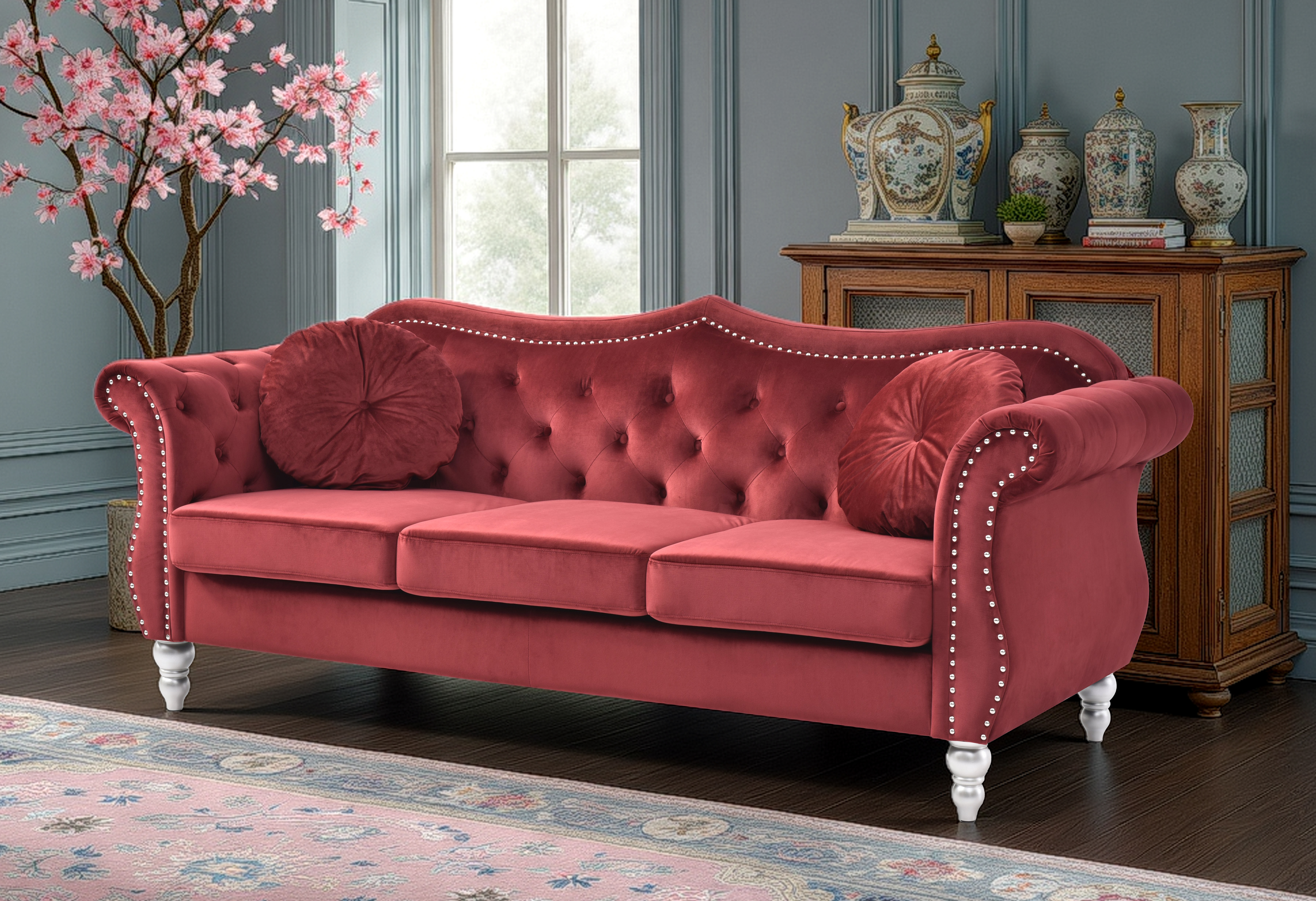Elite Space Living Geneva Burgundy Velvet Fabric Sofa