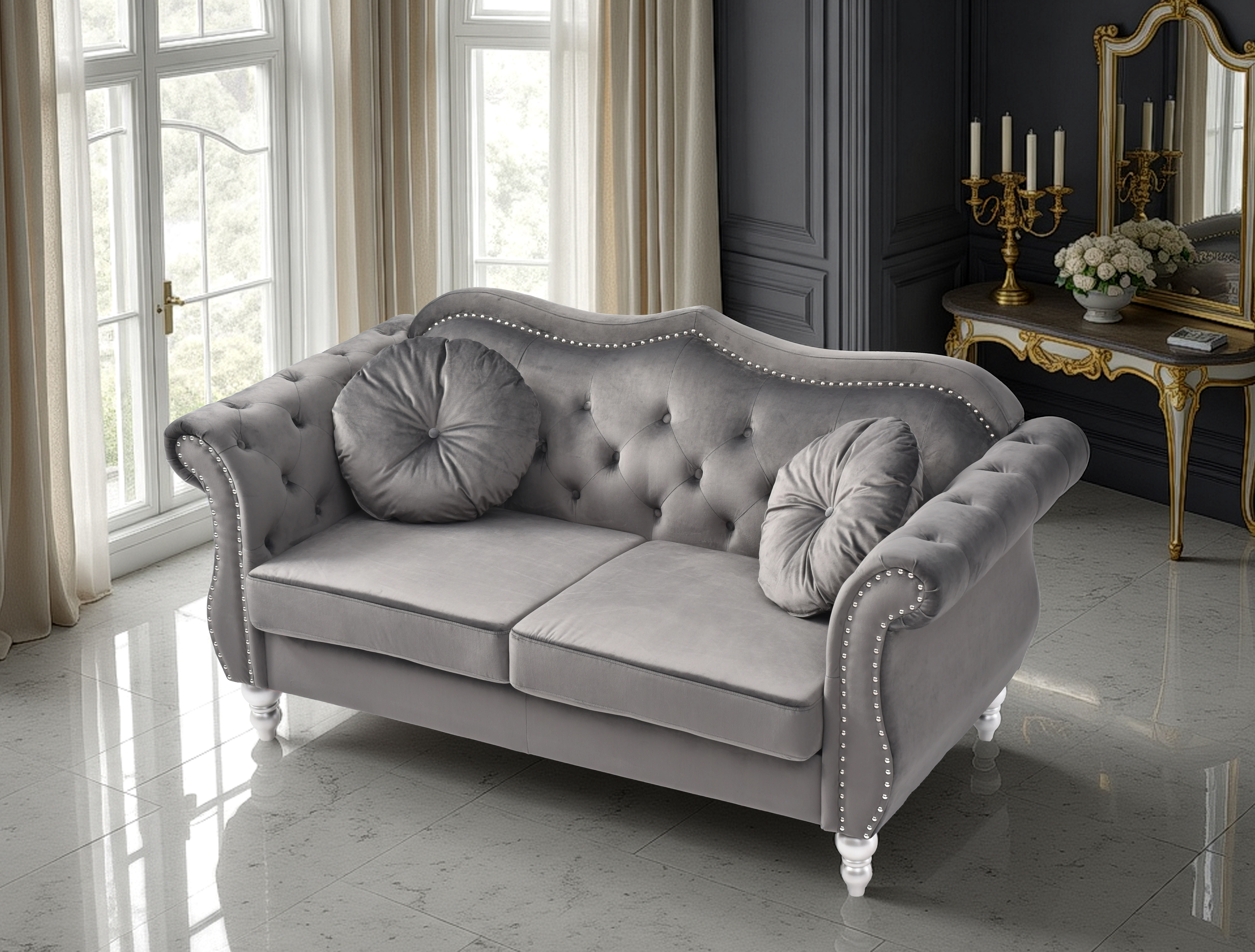 Elite Space Living Geneva Dark Gray Velvet Fabric Loveseat