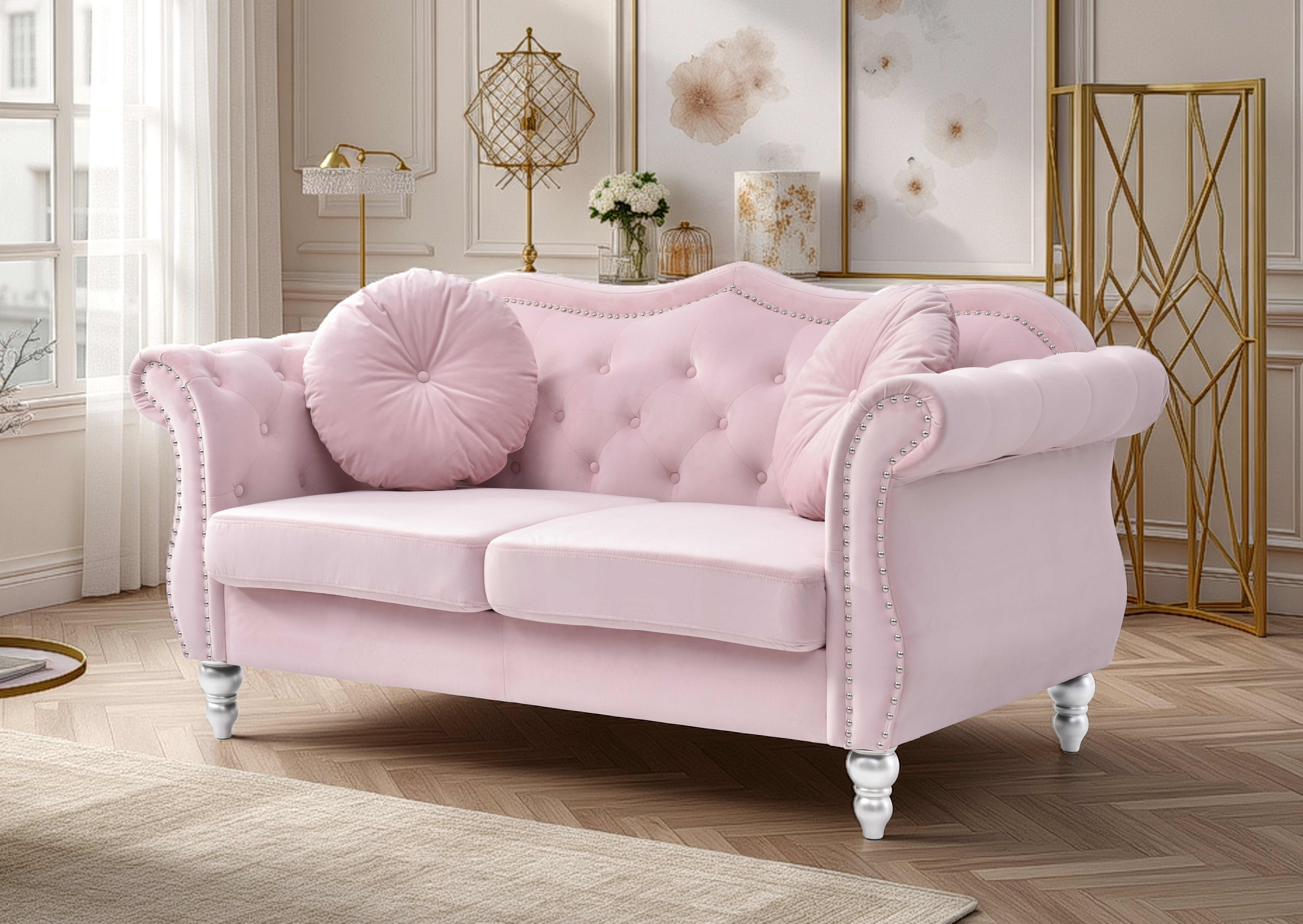 Elite Space Living Geneva Pink Velvet Fabric Loveseat