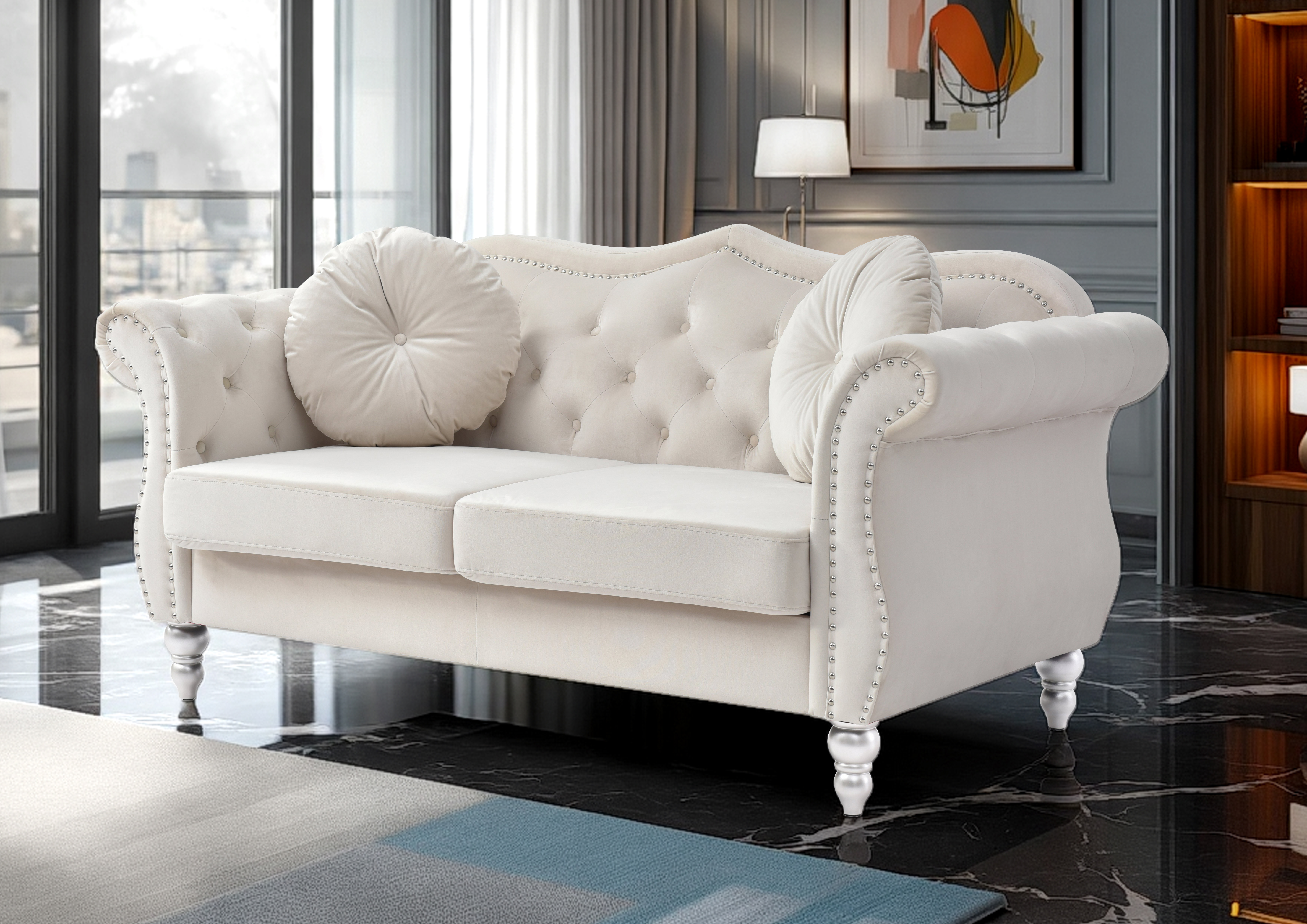 Elite Space Living Geneva Ivory Velvet Fabric Loveseat
