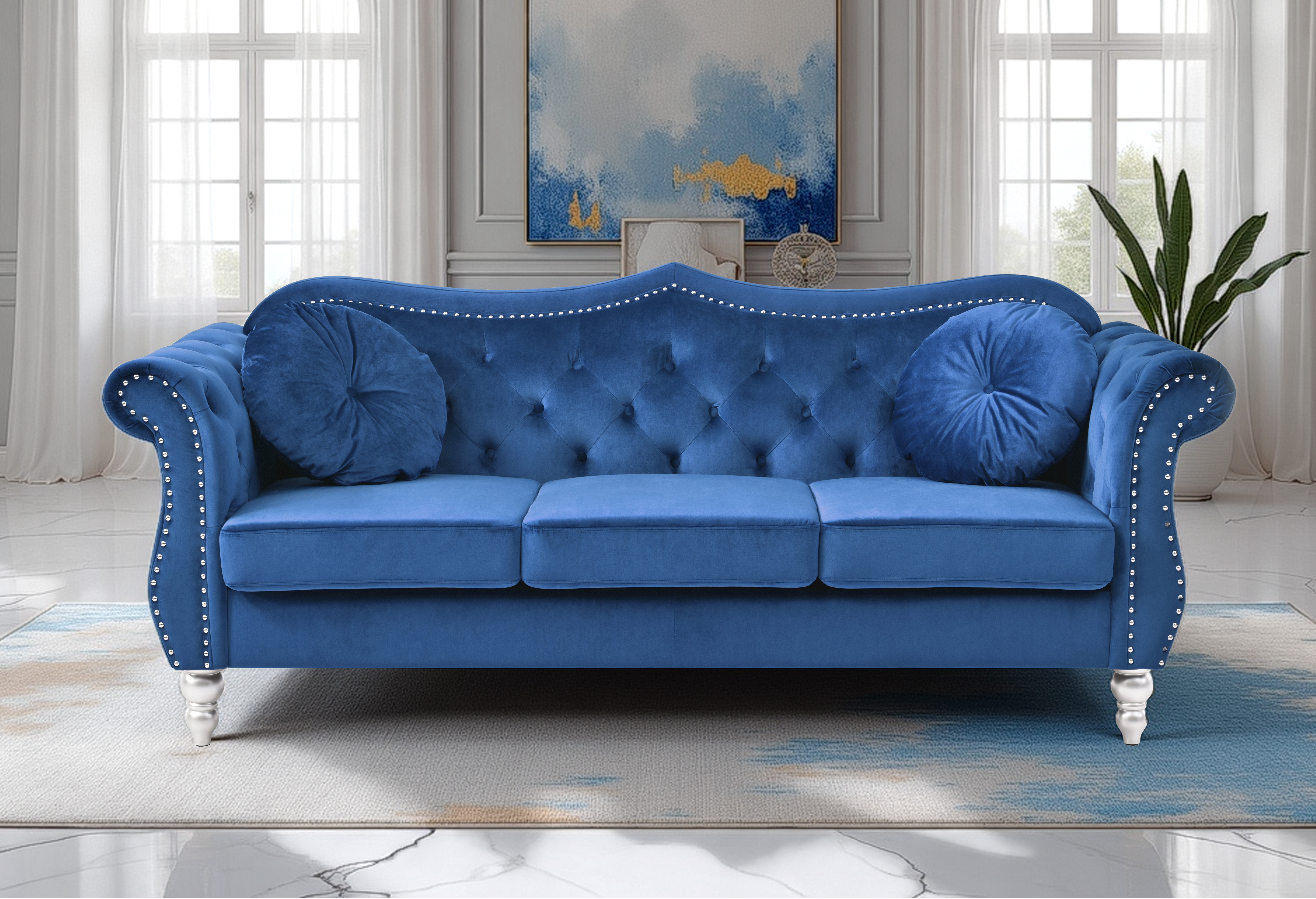Elite Space Living Geneva Navy Blue Velvet Fabric Sofa